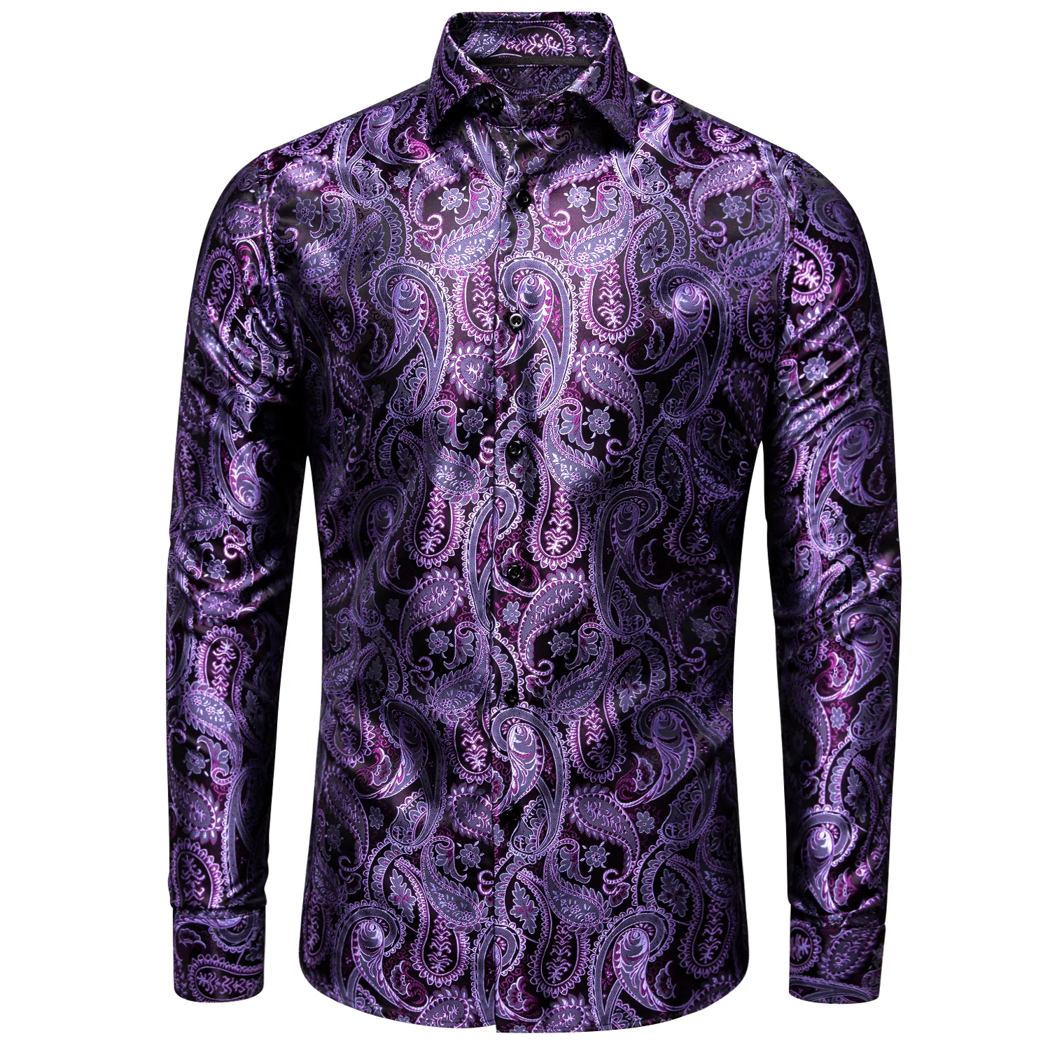 Luxury Purple Paisley Pattern Silk Men's Long Sleeve Shirt