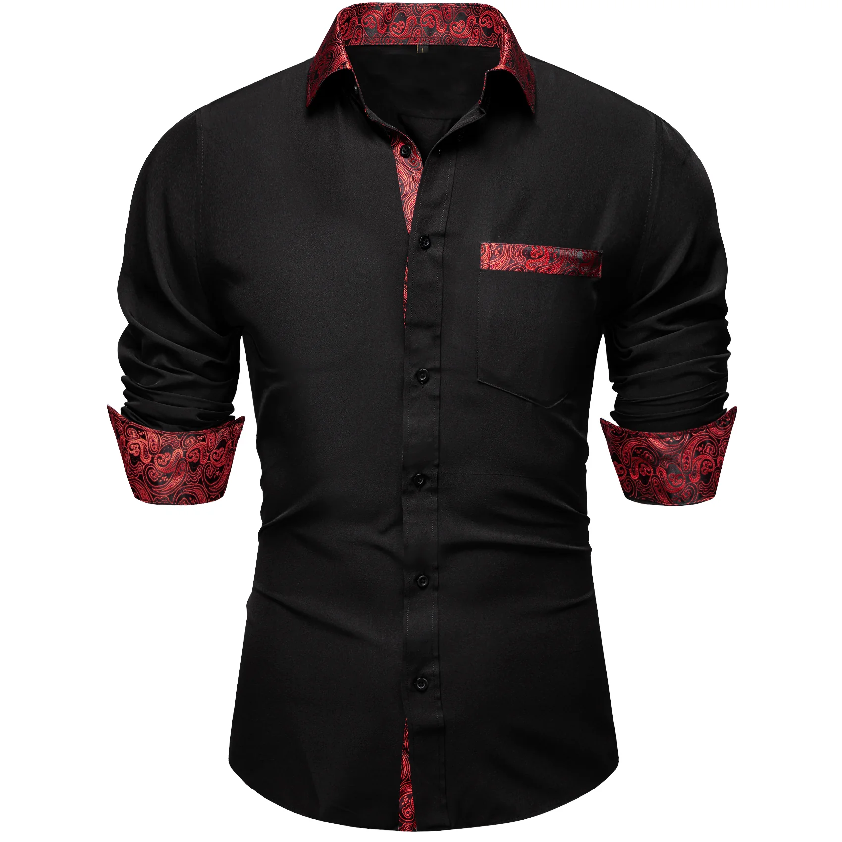 Splicing Style Black with Red Paisley Edge Men's Solid Long Sleeve Shirt