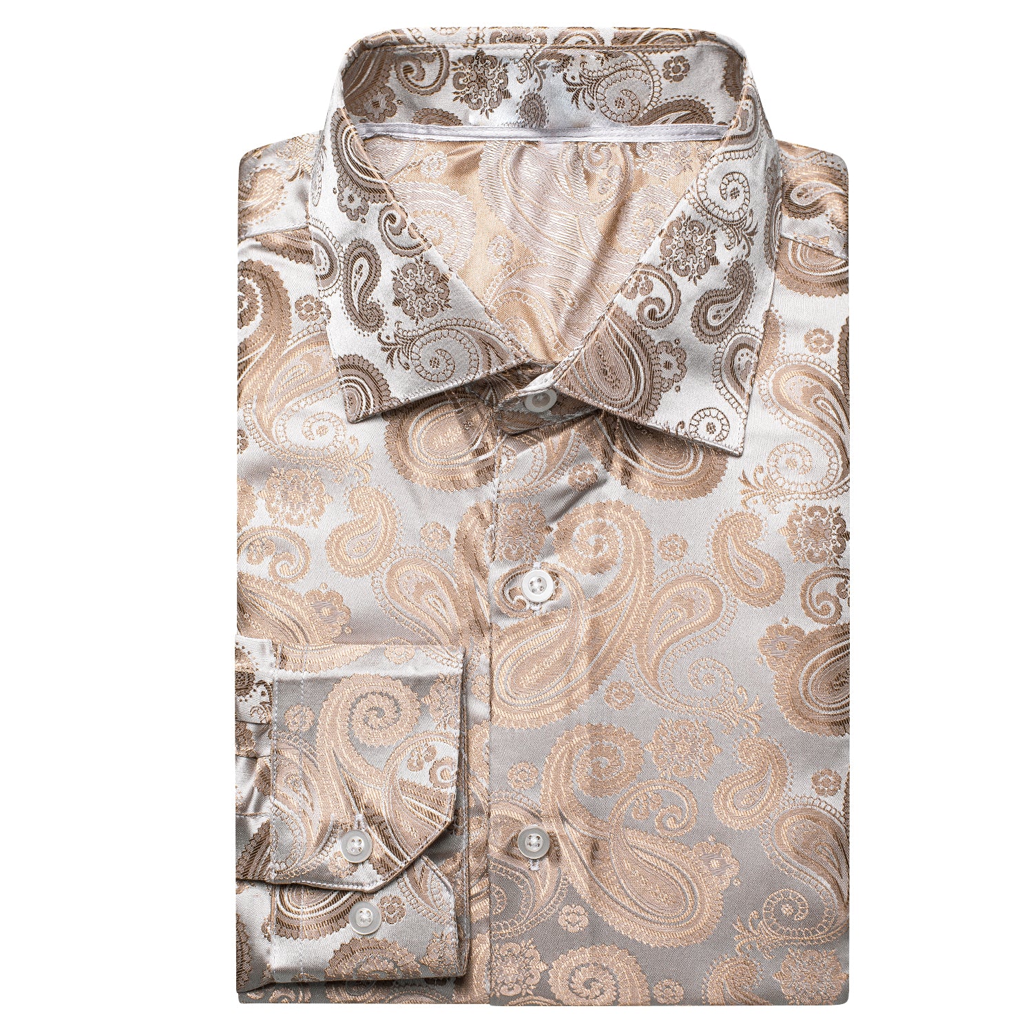 Champagne Brown Paisley Silk Men's Long Sleeve Shirt