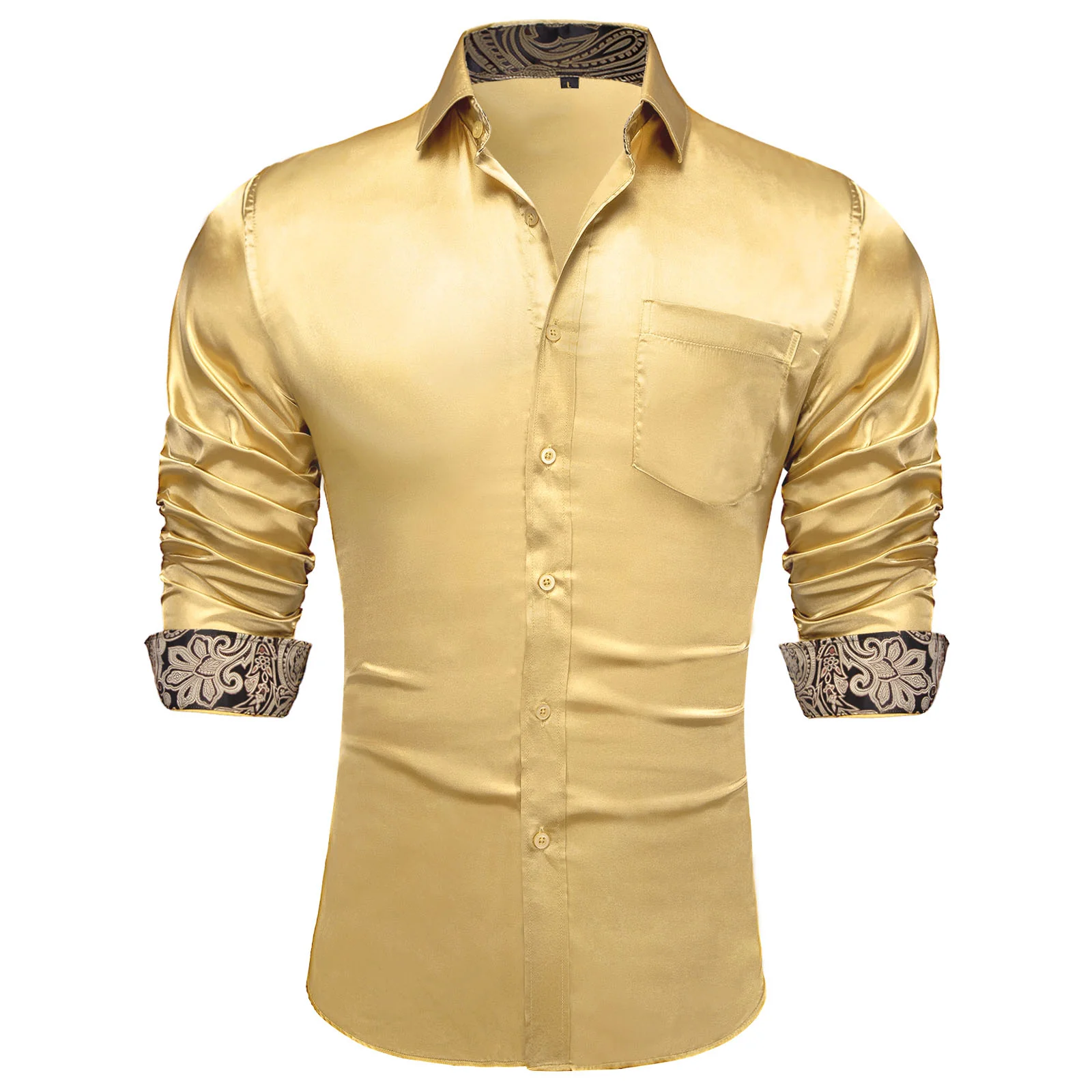 Splicing Style Champagne Golden with Black Paisley Edge Men's Solid Long Sleeve Shirt