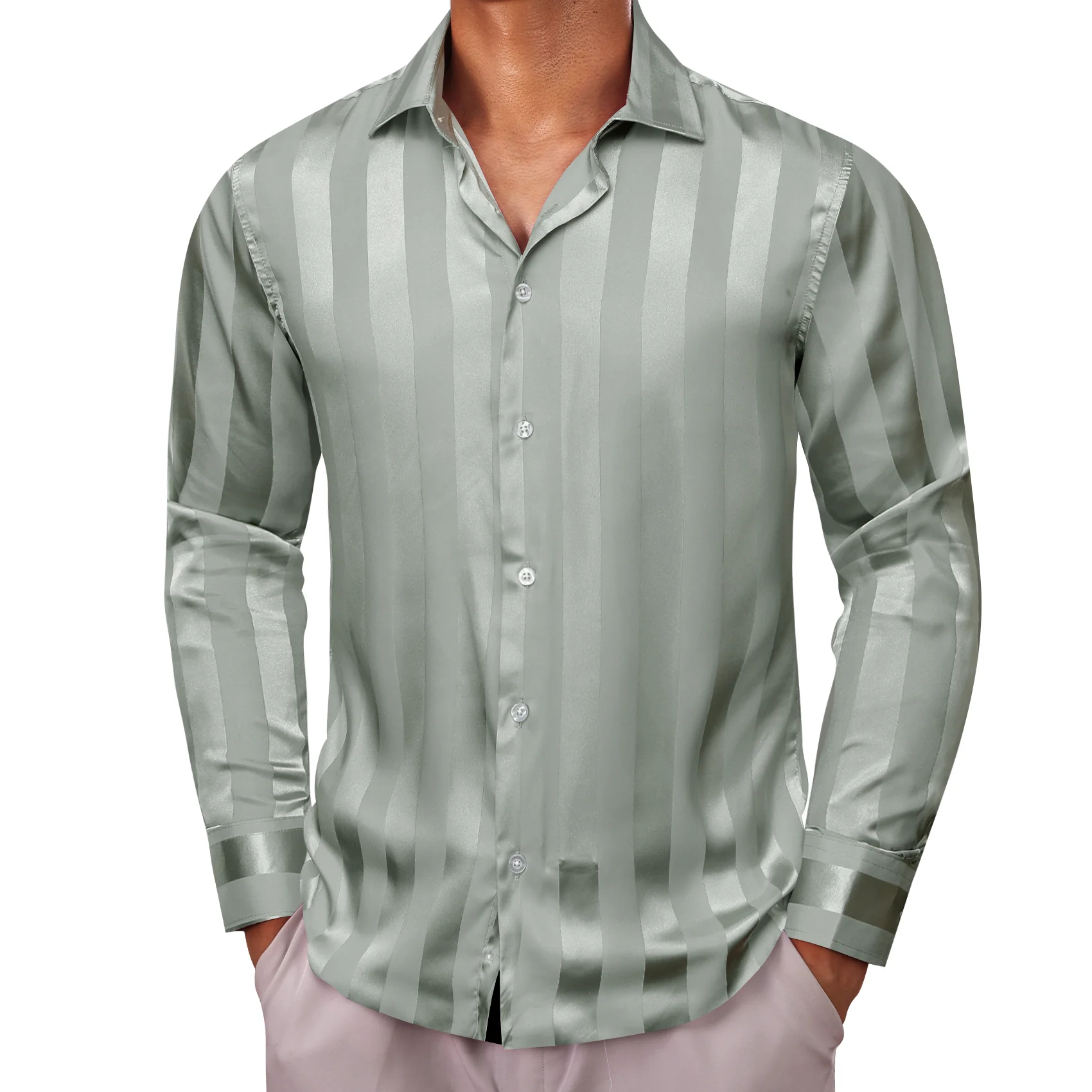 Bean Green Striped Shiny Satin Men's Long Sleeve Shirt