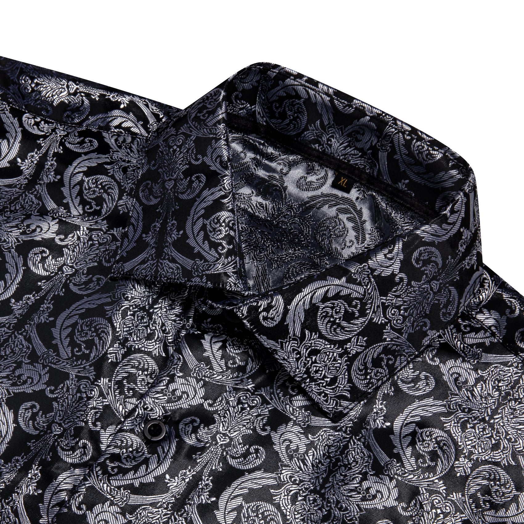 Black Grey Floral Pattern Silk Men's Long Sleeve Shirt