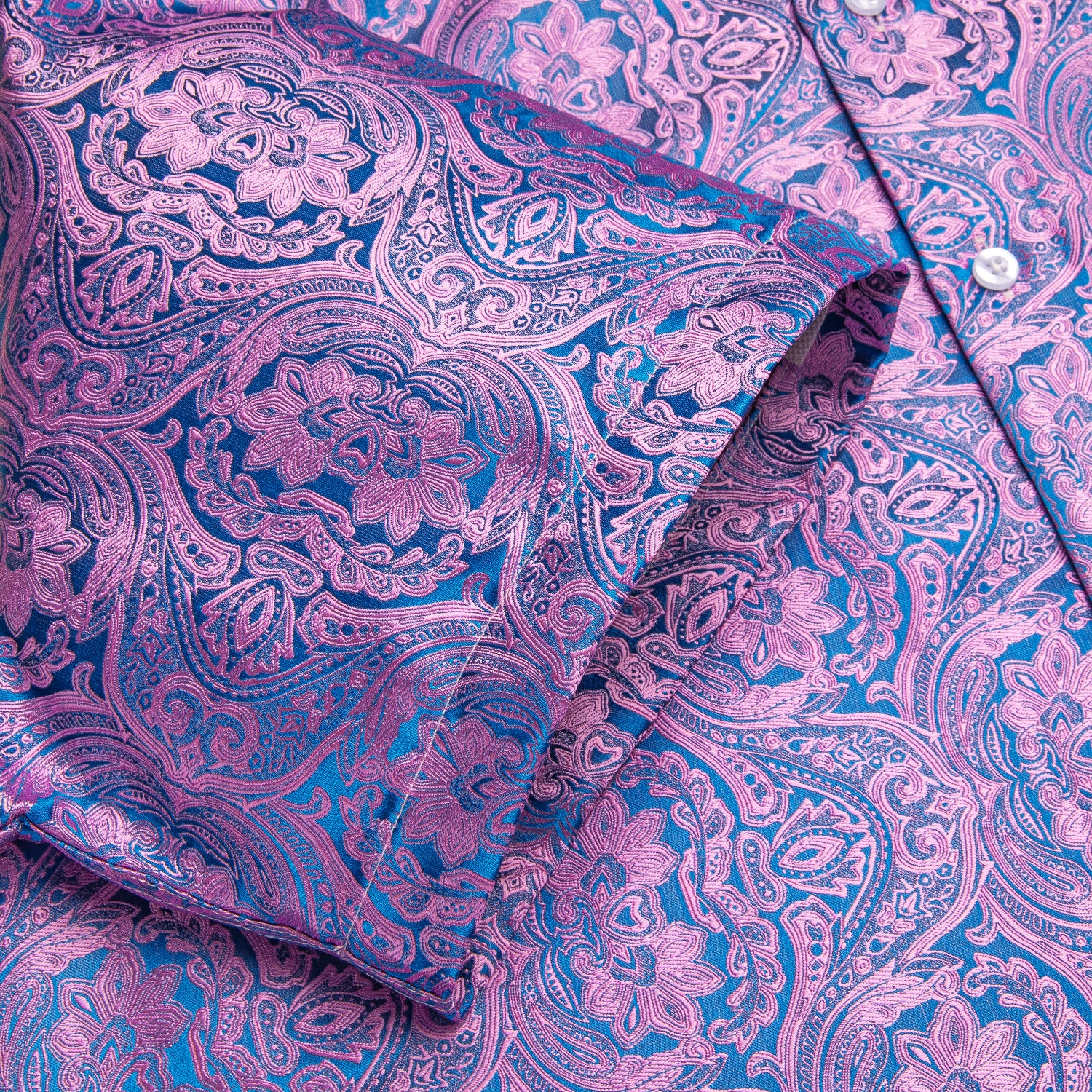 Purple Blue Paisley Silk Men Short Sleeve Shirt
