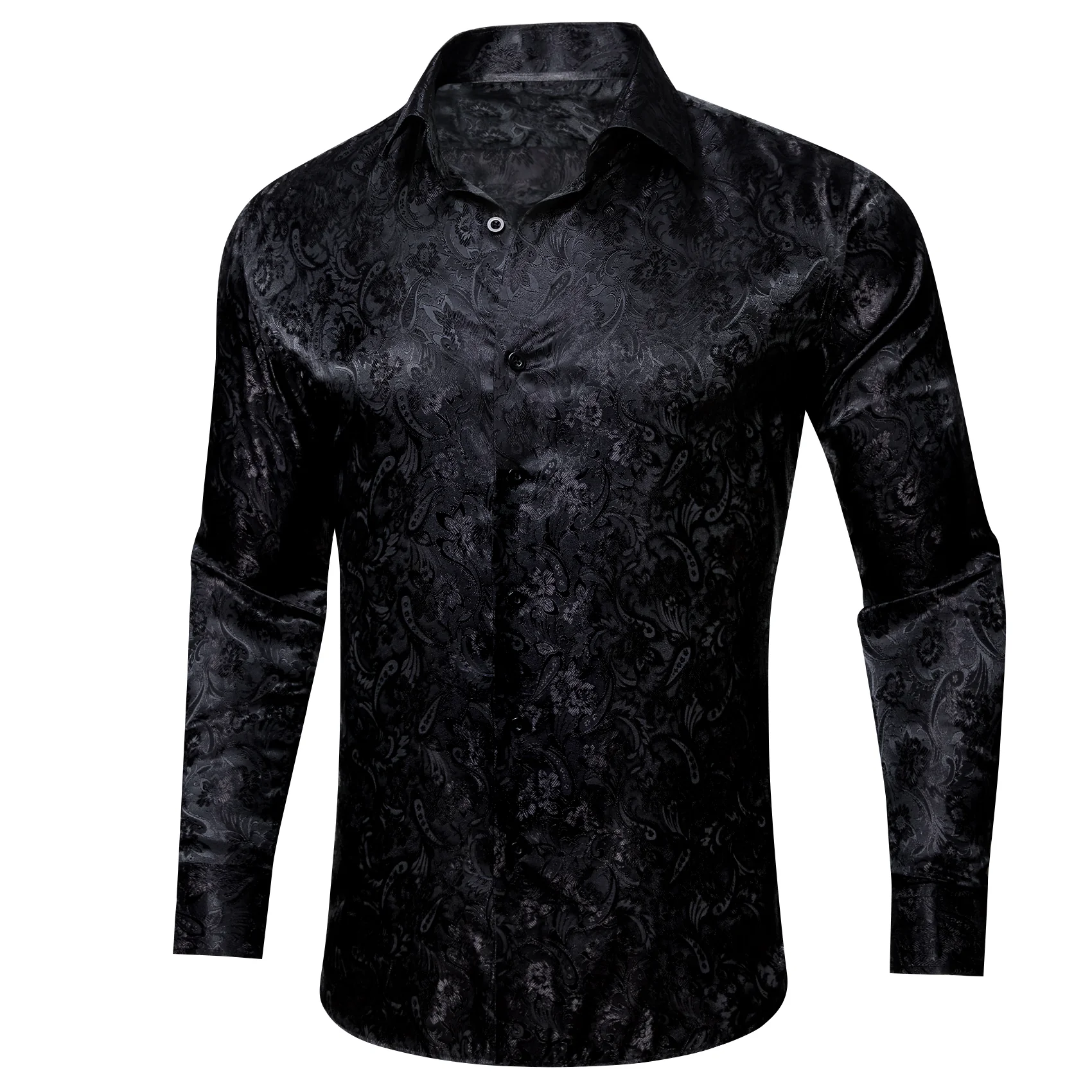 Black Floral Silk Men Long Sleeve Shirt