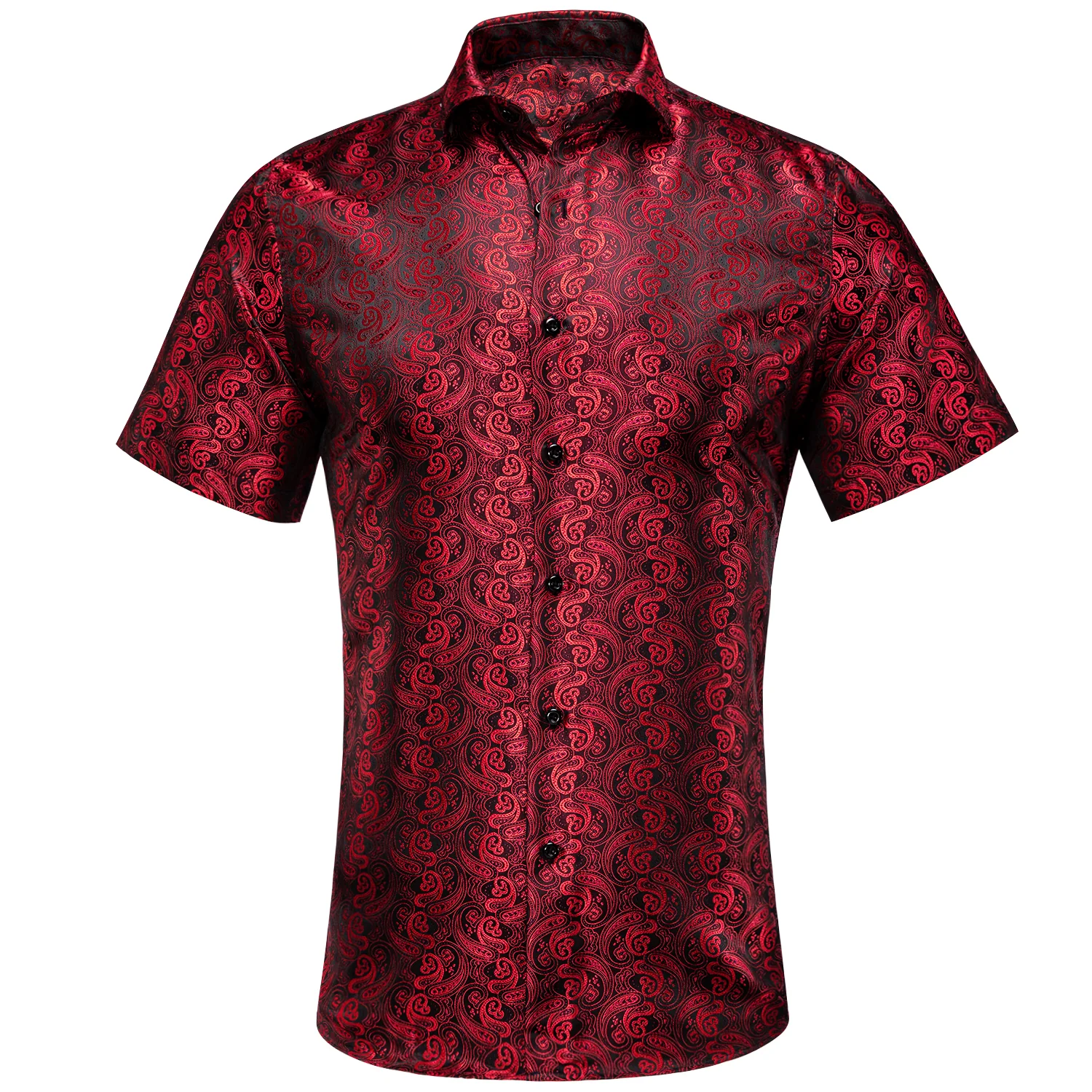 New Red Black Paisley Silk Men's Short Sleeve Shirt