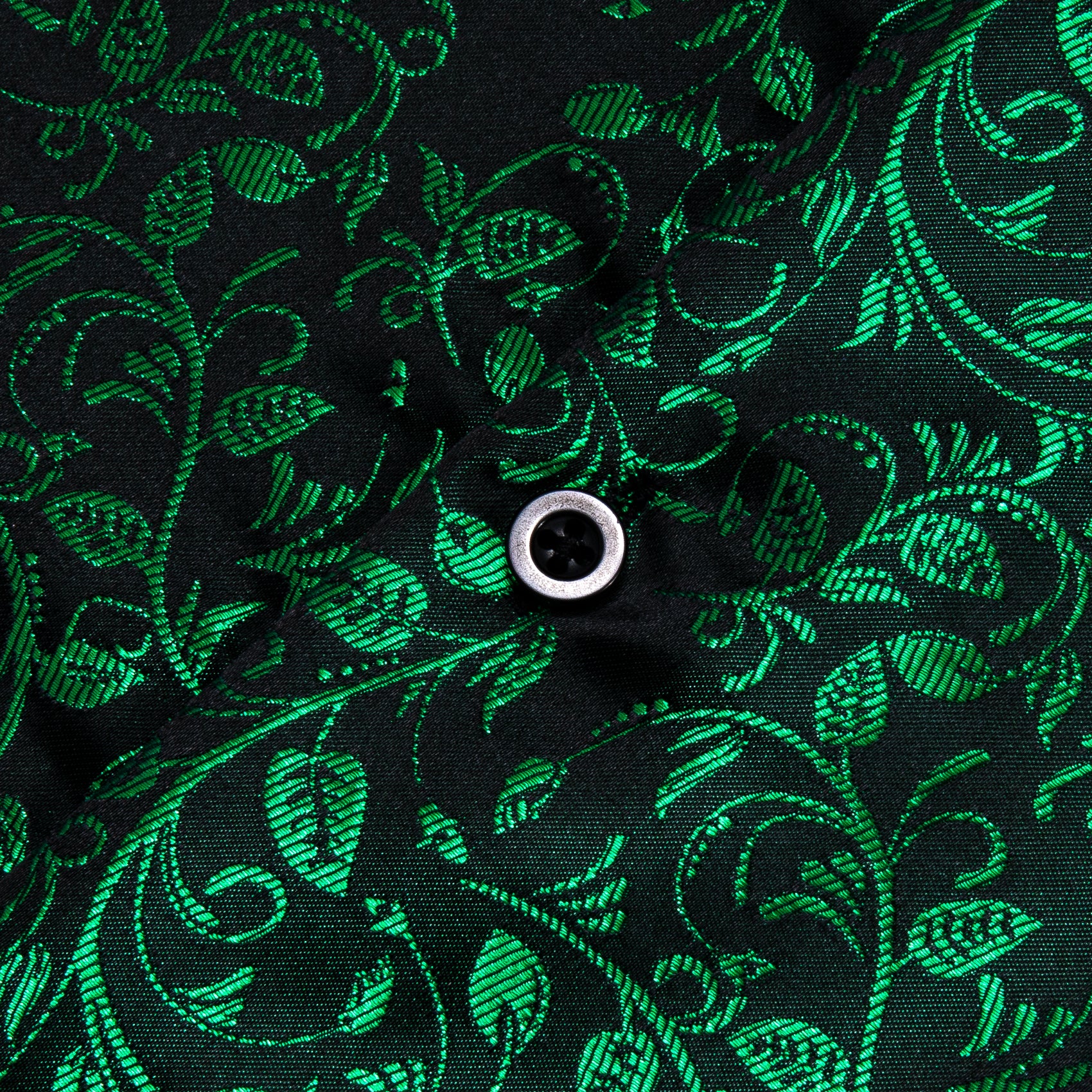 Black Green Floral Pattern Silk Men's Long Sleeve Shirt