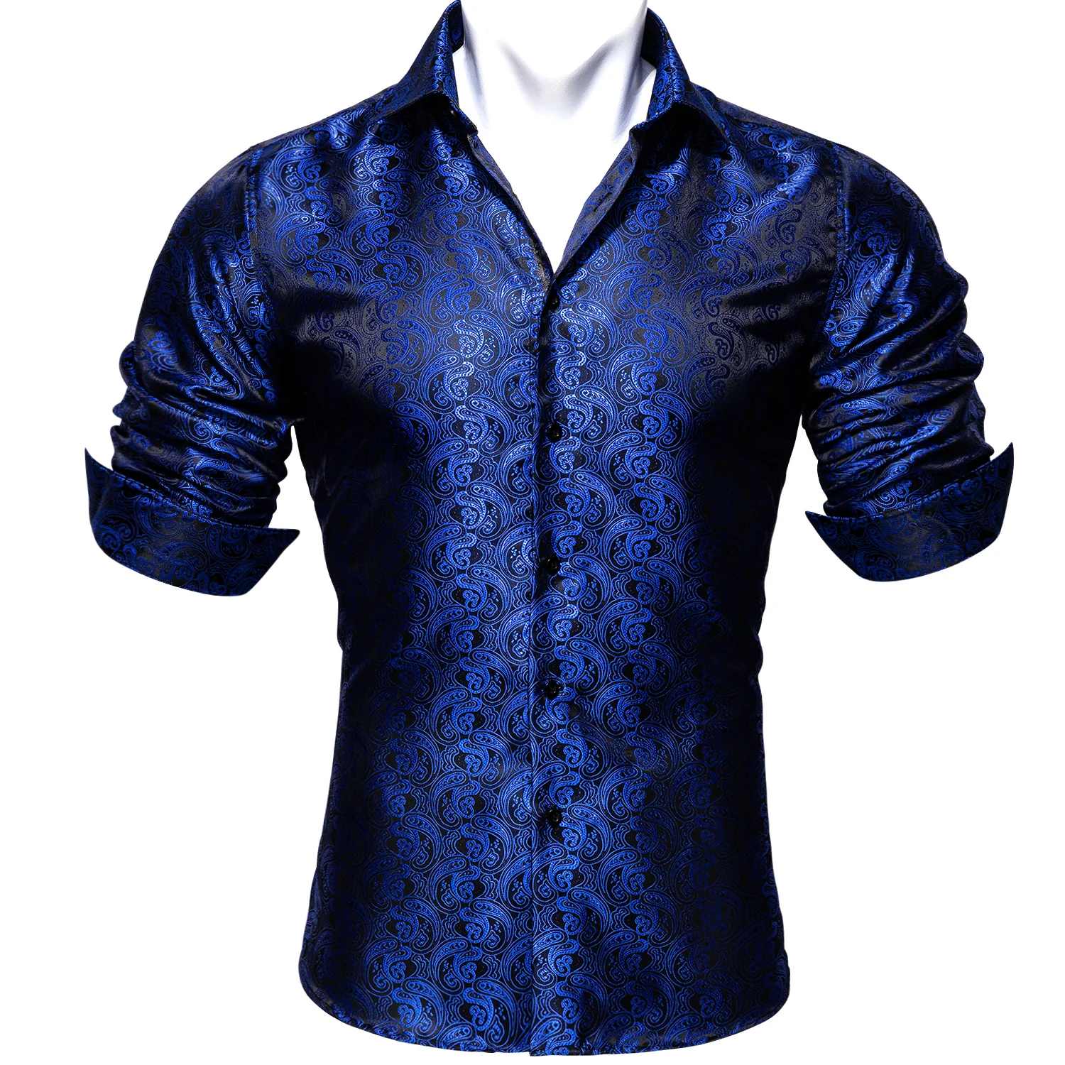 Black Blue Paisley Style Silk Men's Long Sleeve Shirt