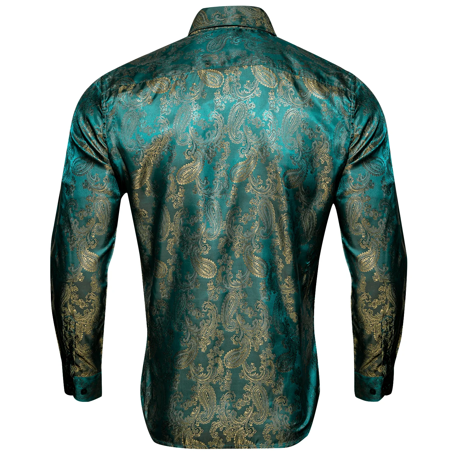 New Lake Blue Green Paisley Pattern Silk Men's Long Sleeve Shirt