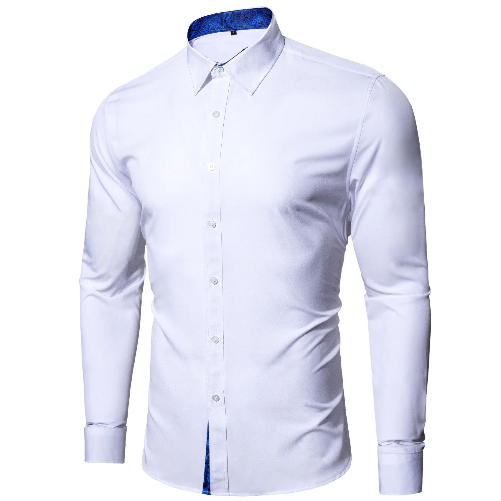 New Splicing Style White with Blue Paisley Edge Men's Long Sleeve Shirt