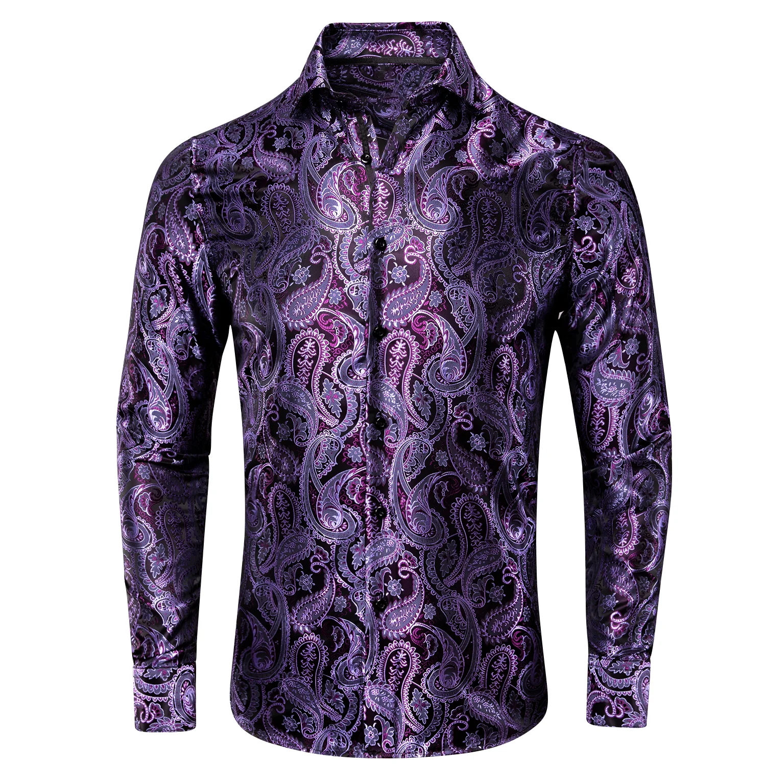 Luxury Purple Paisley Pattern Silk Men's Long Sleeve Shirt