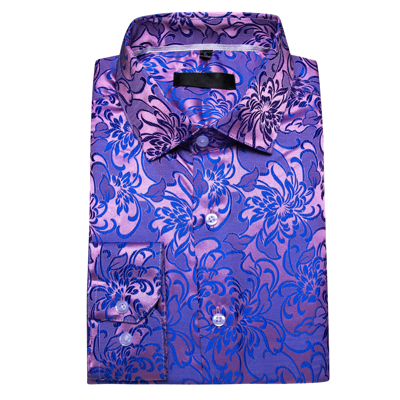 Purple Blue Floral Silk Men's Long Sleeve Shirt