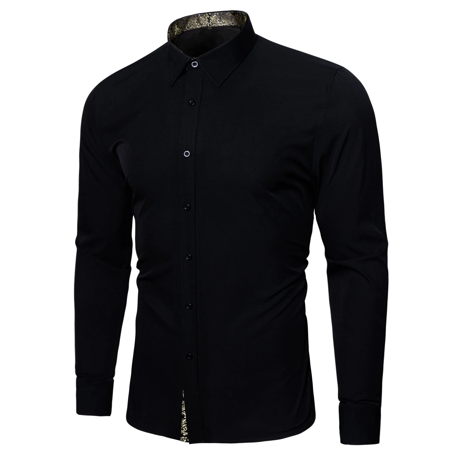 New Splicing Style Black with Champagne Floral Edge Men's Long Sleeve Shirt