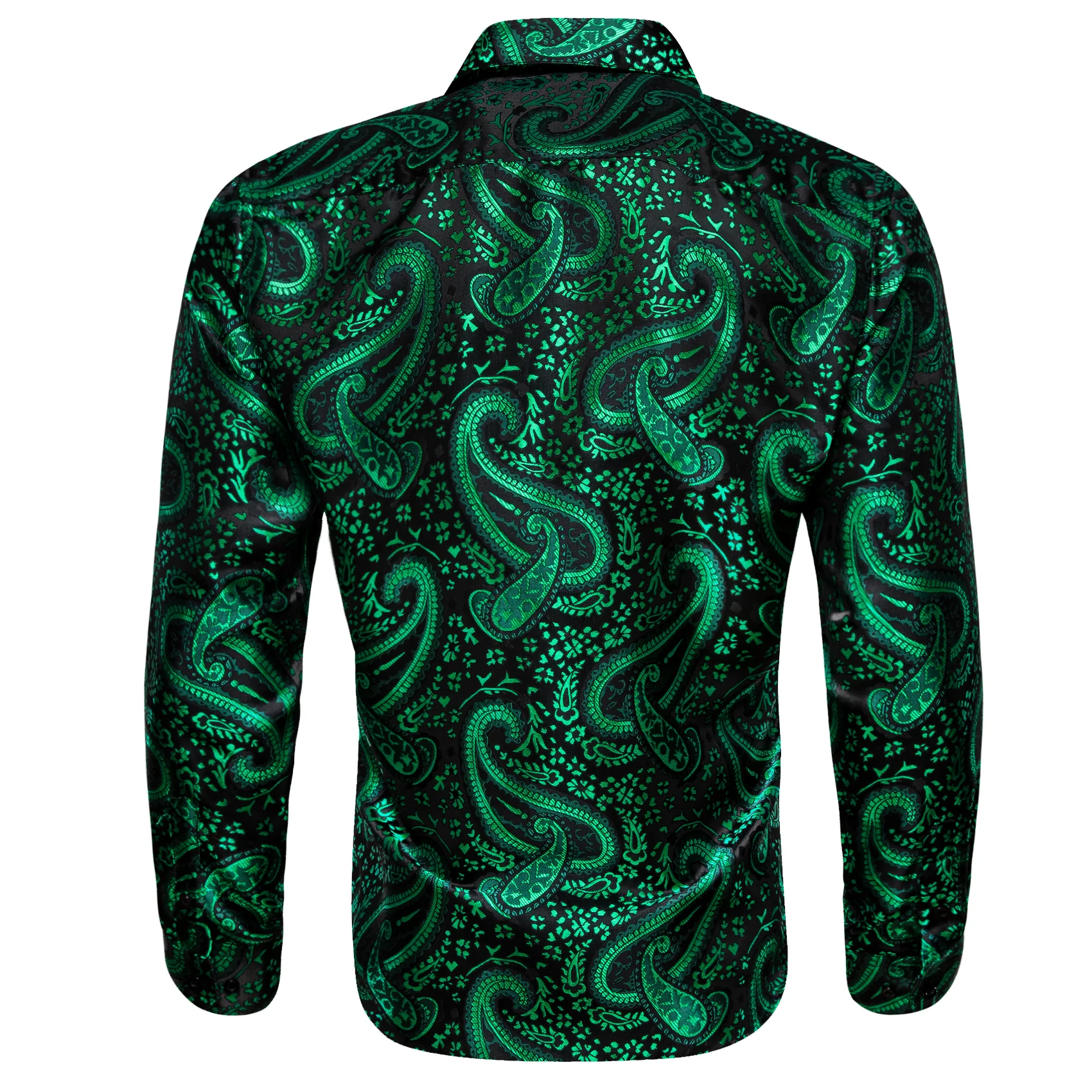 Green Paisley Flower Pattern Silk Men's Long Sleeve Shirt