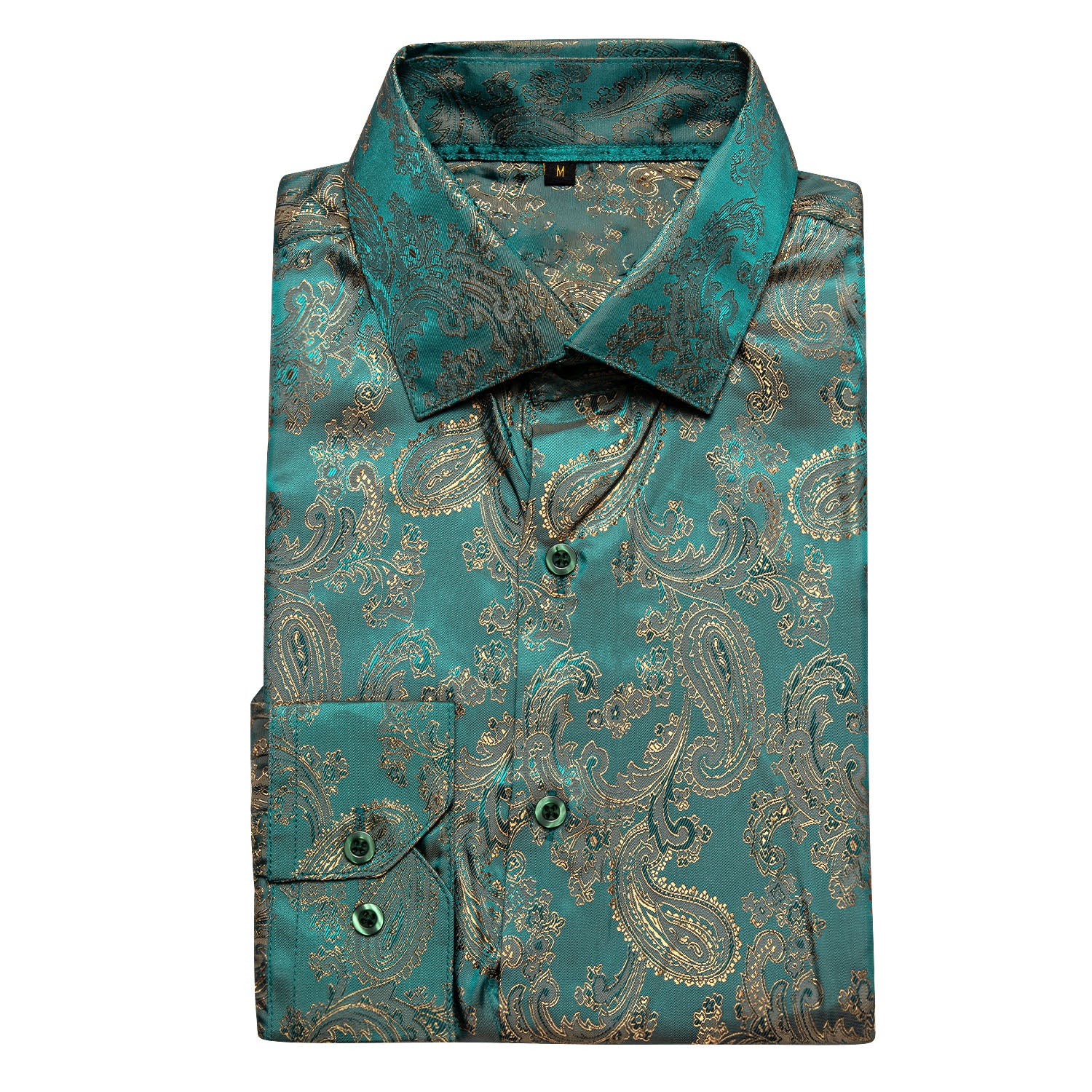 New Lake Blue Green Paisley Pattern Silk Men's Long Sleeve Shirt