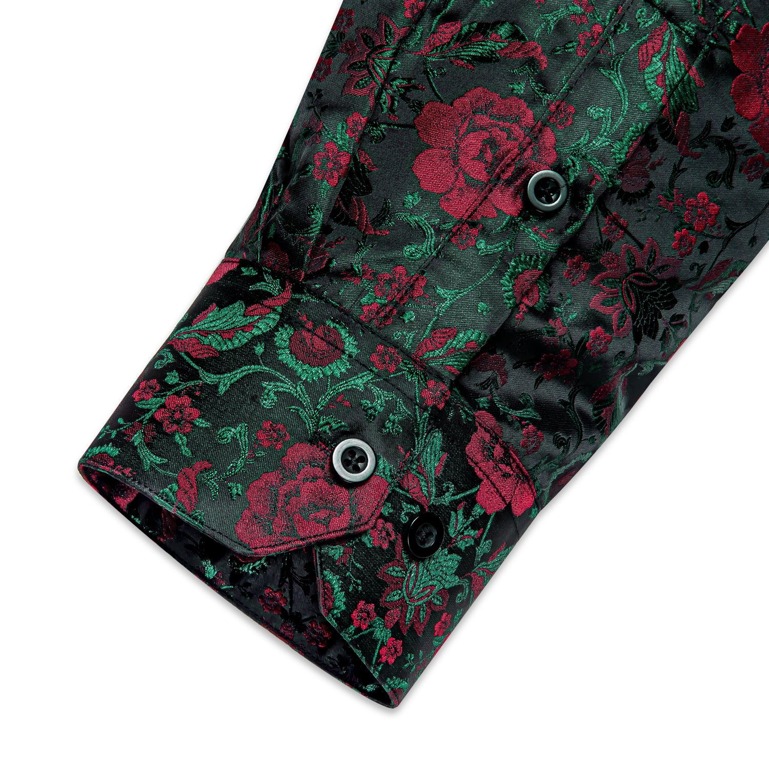 Dark Green Red Floral Pattern Silk Men's Long Sleeve Shirt