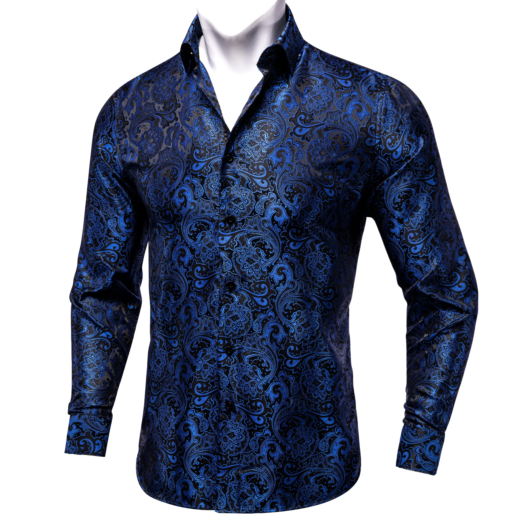 Black Blue Floral Silk Men's Long Sleeve Shirt
