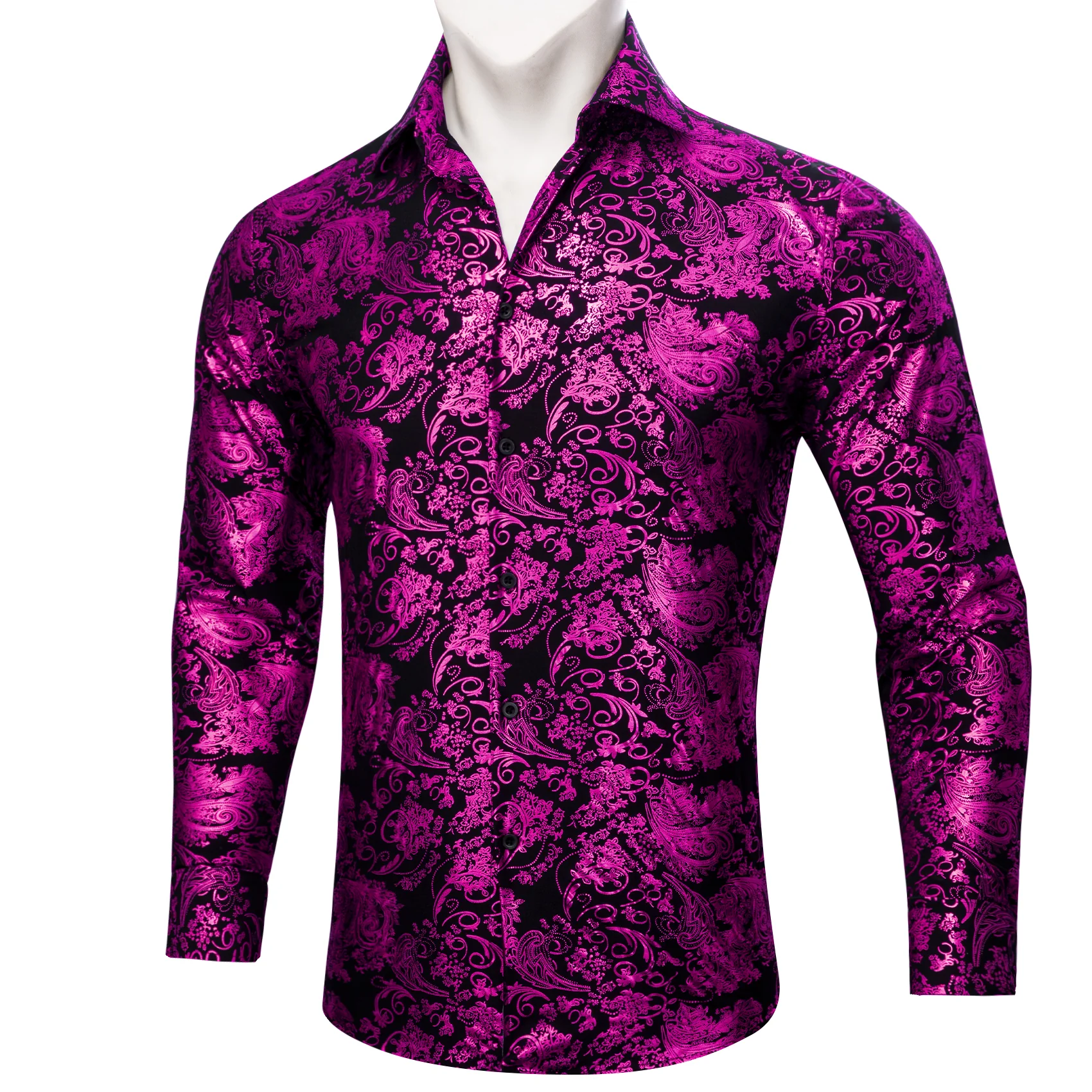 Purple Black Floral Paisley Silk Men's Long Sleeve Shirt