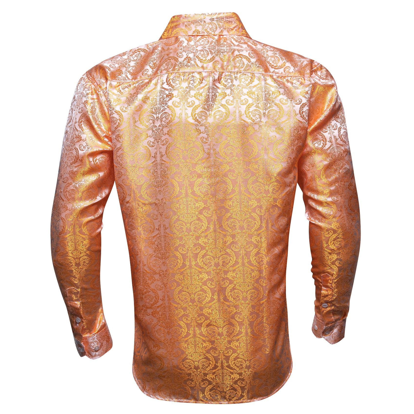 New Light Orange Floral Pattern Silk Men's Long Sleeve Shirt