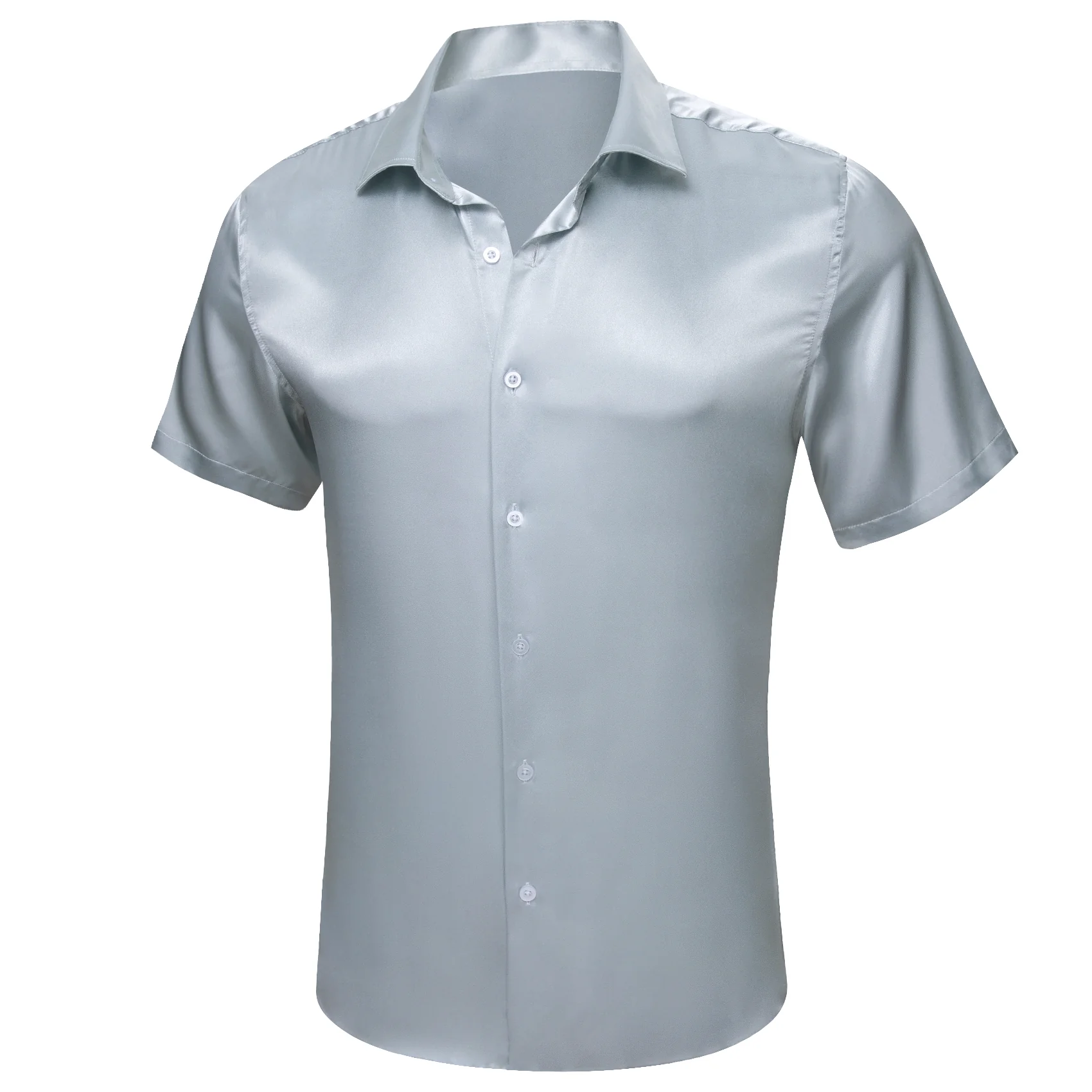 Silver Satin Solid Silk Men's Short Sleeve Shirt