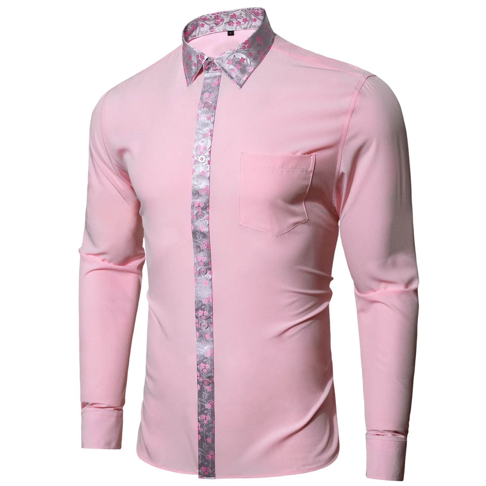 Splicing Style Pink with Pink Silver Floral Edge Men's Long Sleeve Shirt