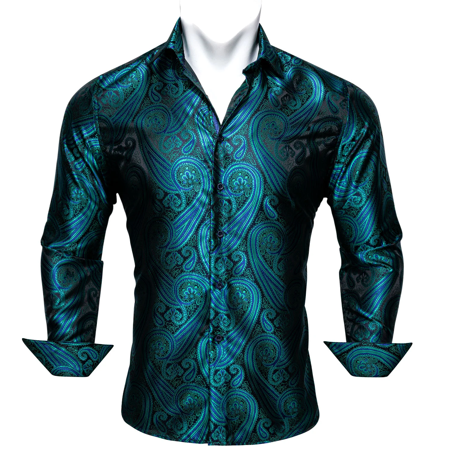 New Green Black Paisley Style Silk Men's Long Sleeve Shirt