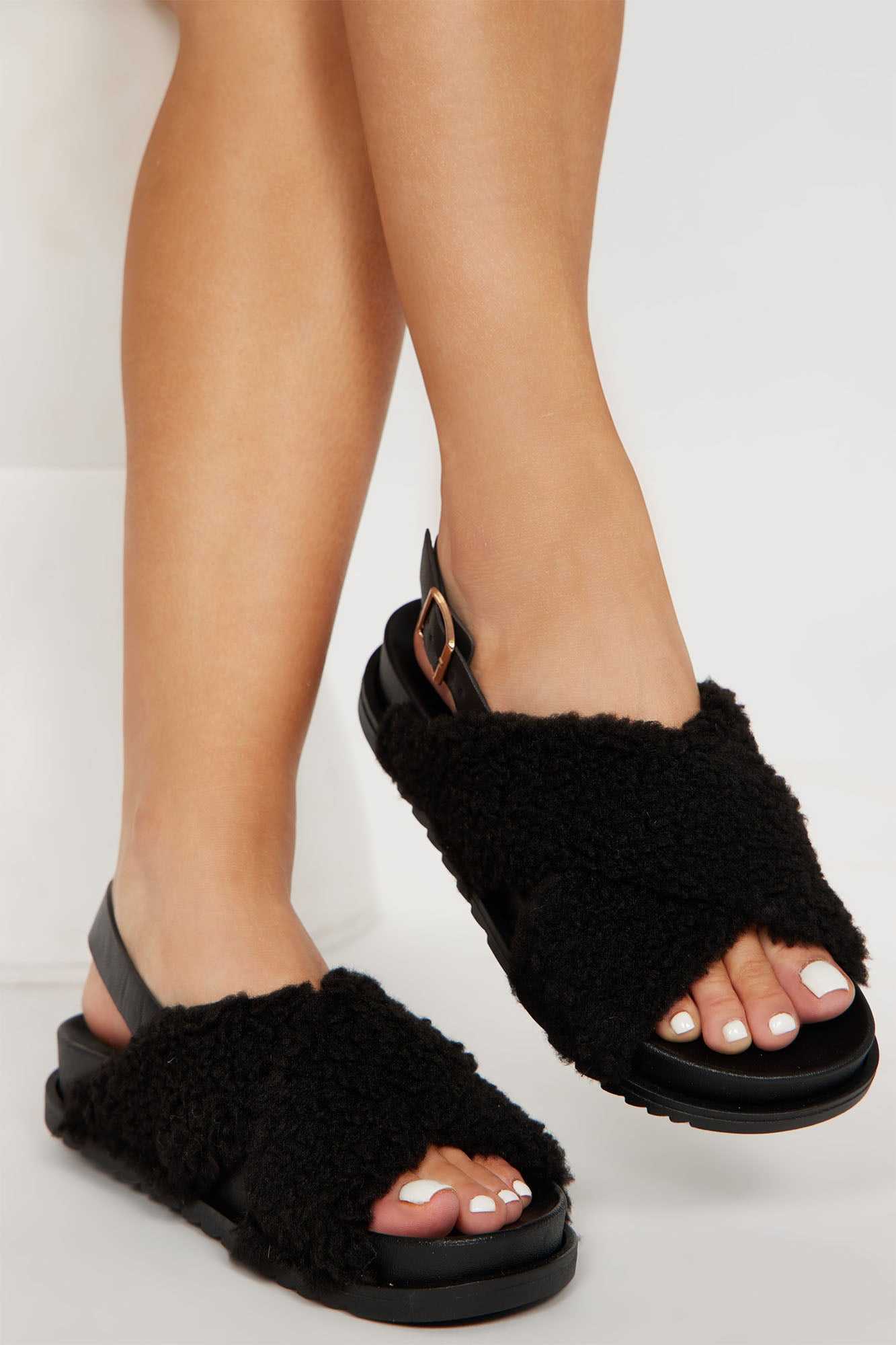 Fuzzy Feels Flat Sandals   Black