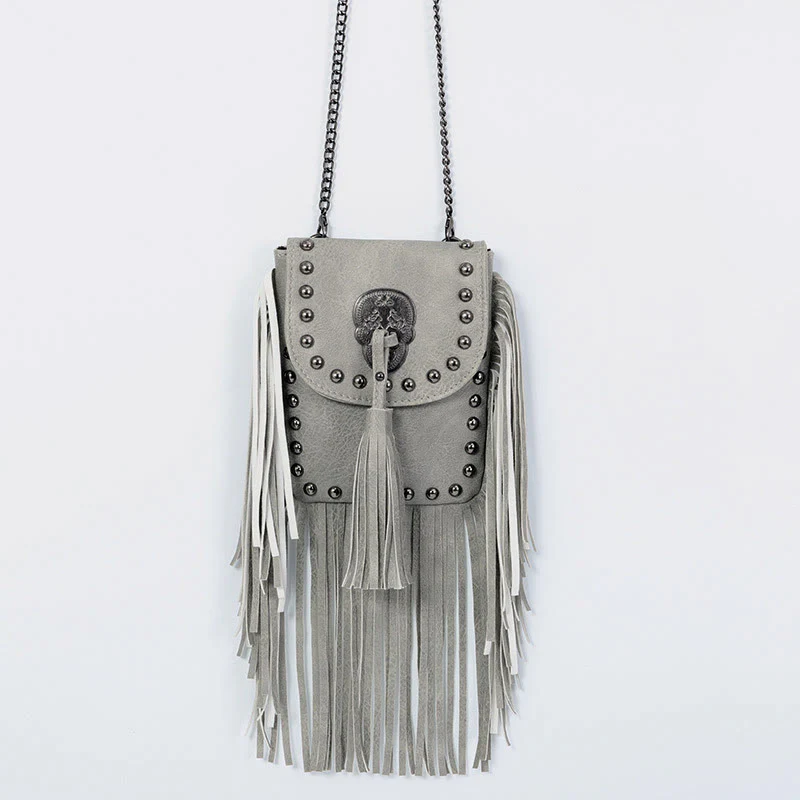 Rivet Tassel Bag For Women Vegan Leather Crossbody Phone Bag