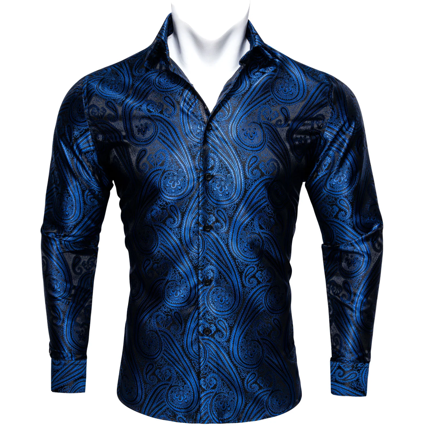 New Blue Black Paisley Style Silk Men's Long Sleeve Shirt