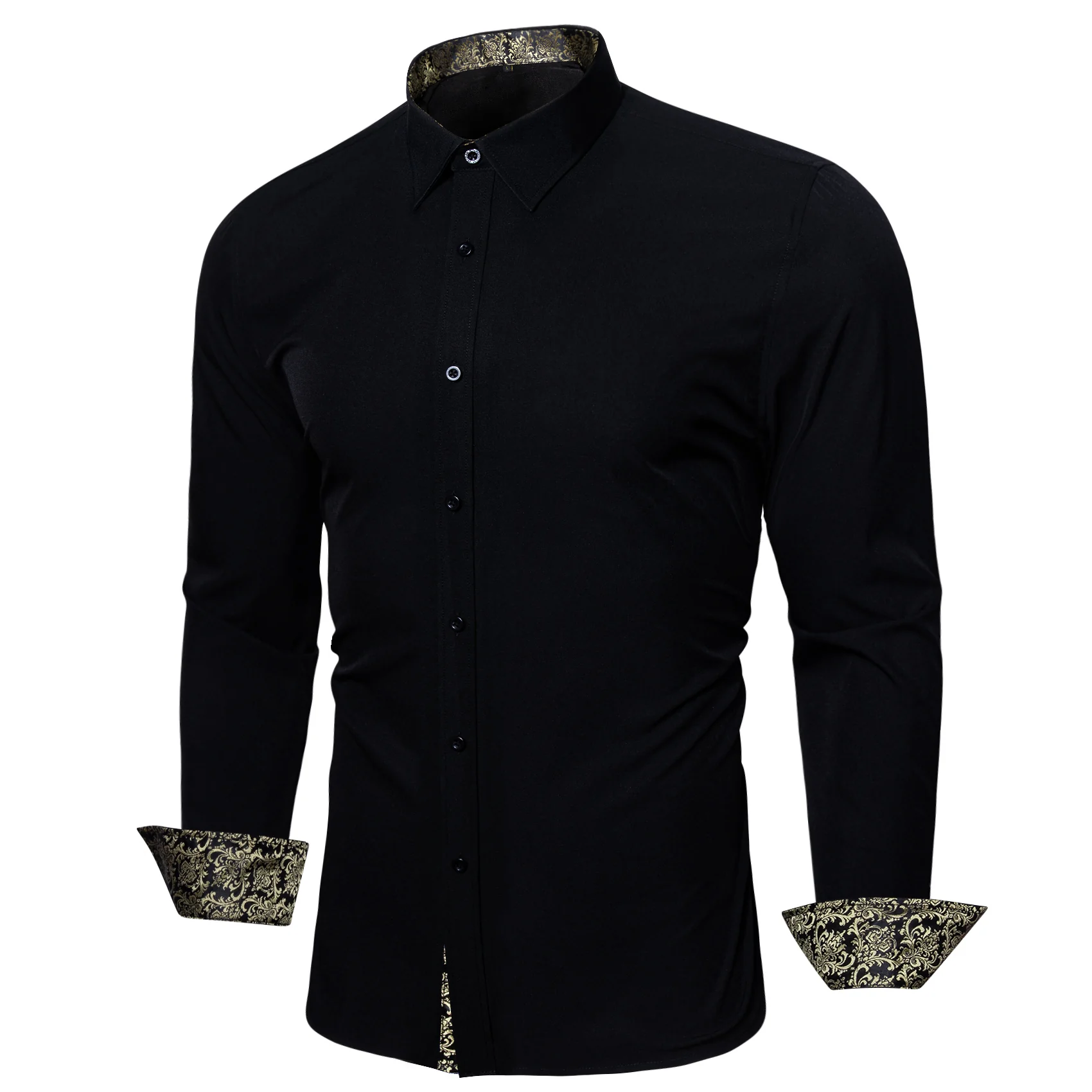New Splicing Style Black with Champagne Floral Edge Men's Long Sleeve Shirt
