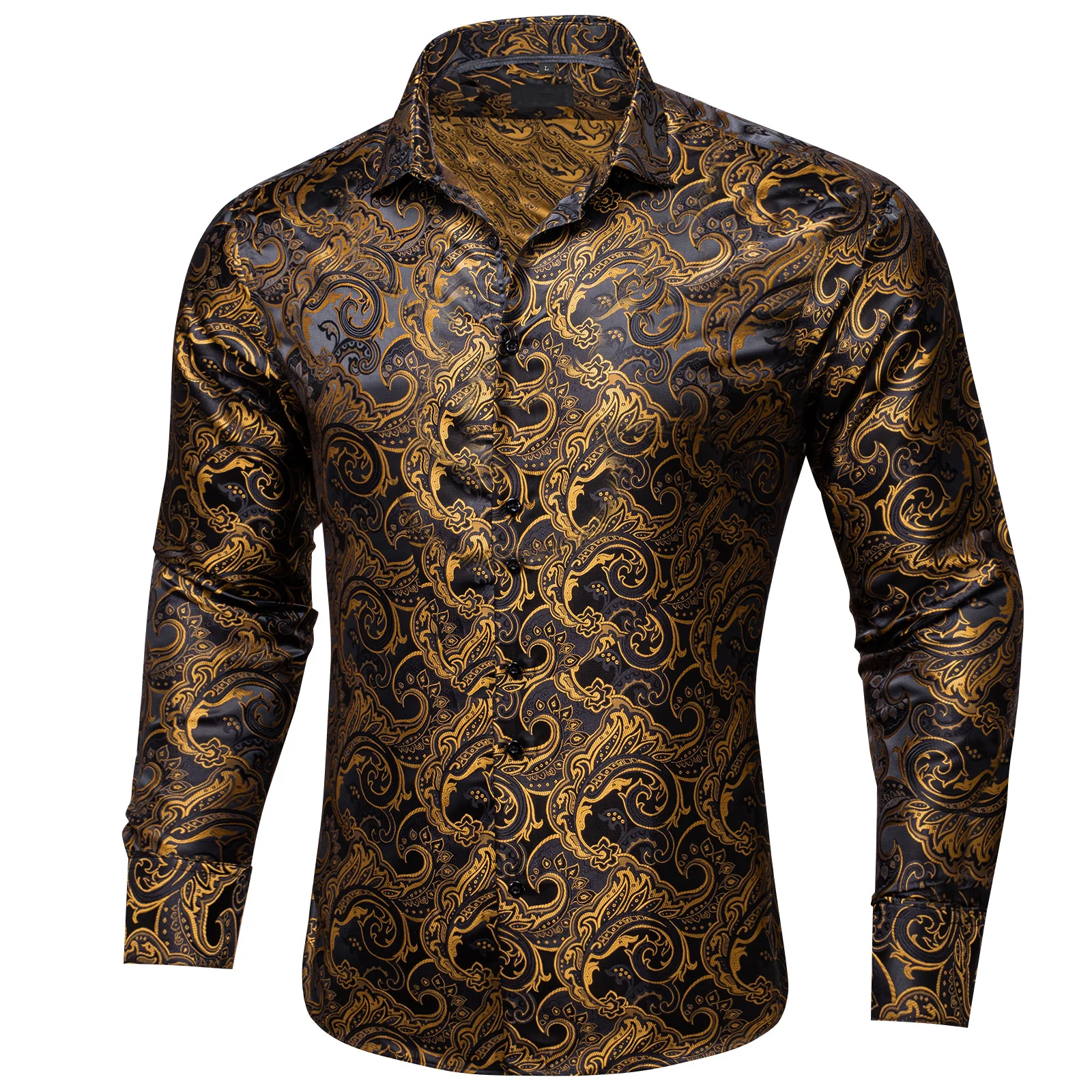 New Black Brown Paisley Silk Men's Long Sleeve Shirt
