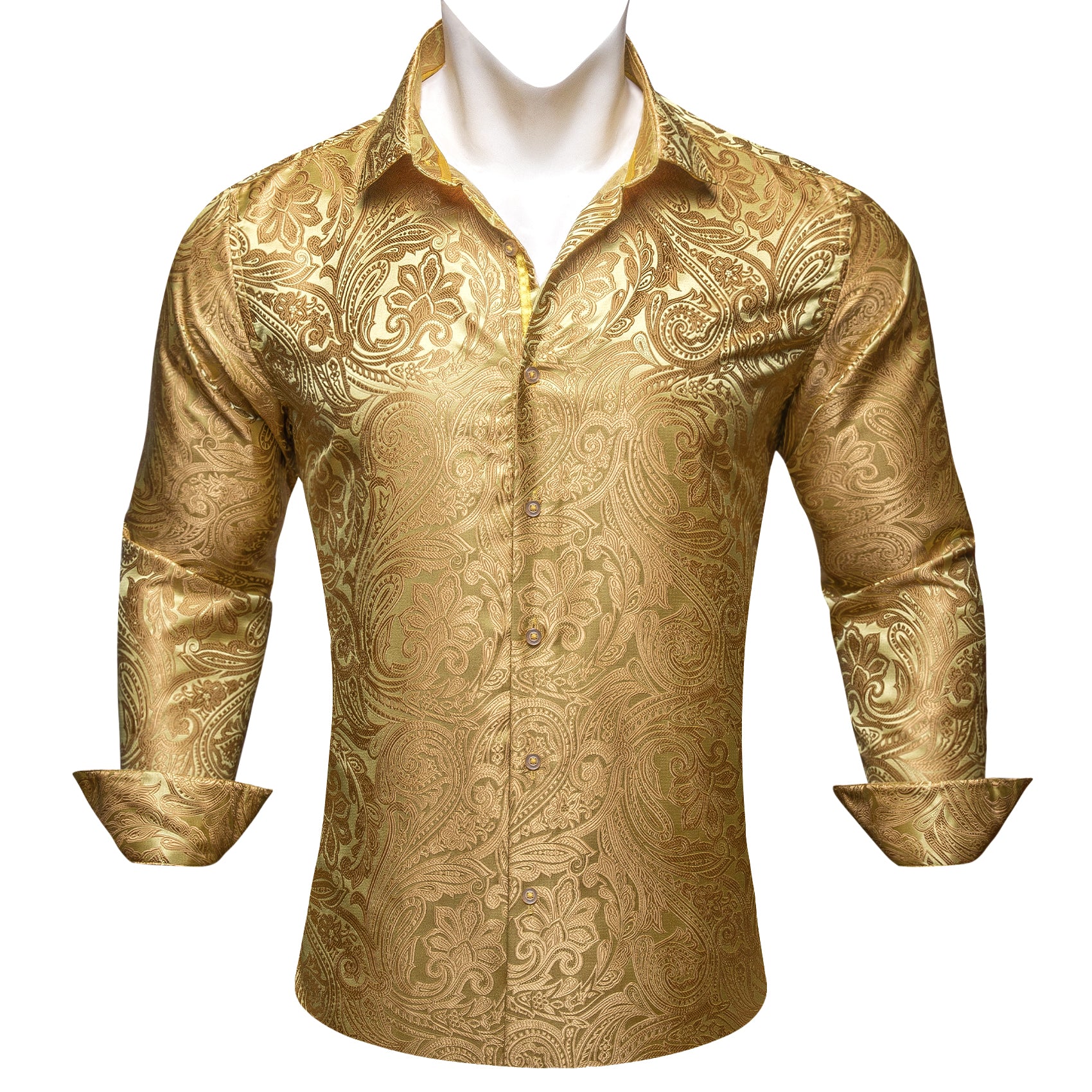 Granola Yellow Paisley Flower Pattern Silk Men's Long Sleeve Shirt