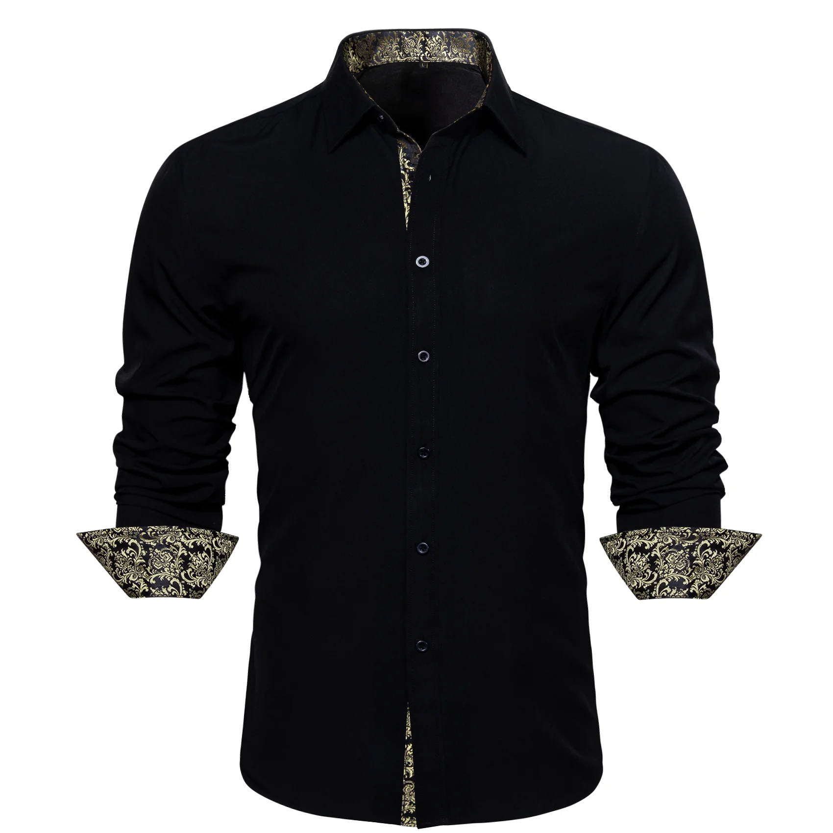 New Splicing Style Black with Champagne Floral Edge Men's Long Sleeve Shirt