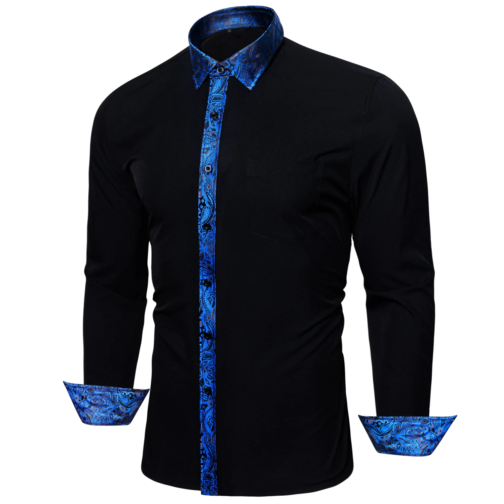Splicing Style Black with Blue Paisley Edge Men's Long Sleeve Shirt