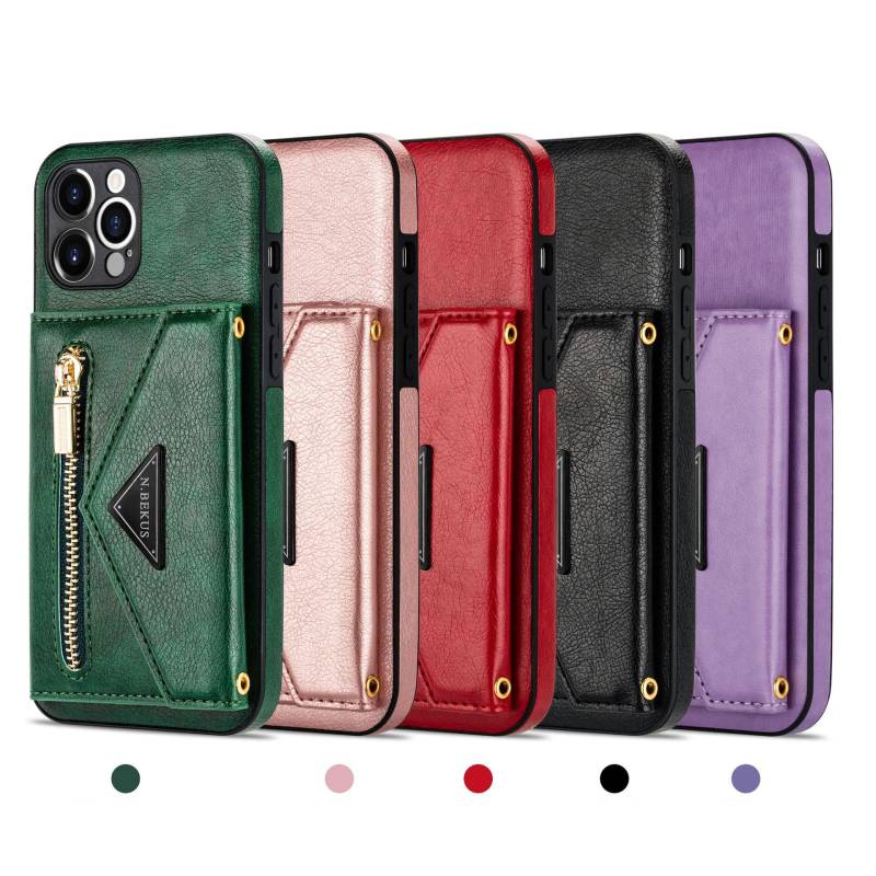 iPhone Wallet Case PU Protective Phone Bag Kickstand Cover Zipper Purse