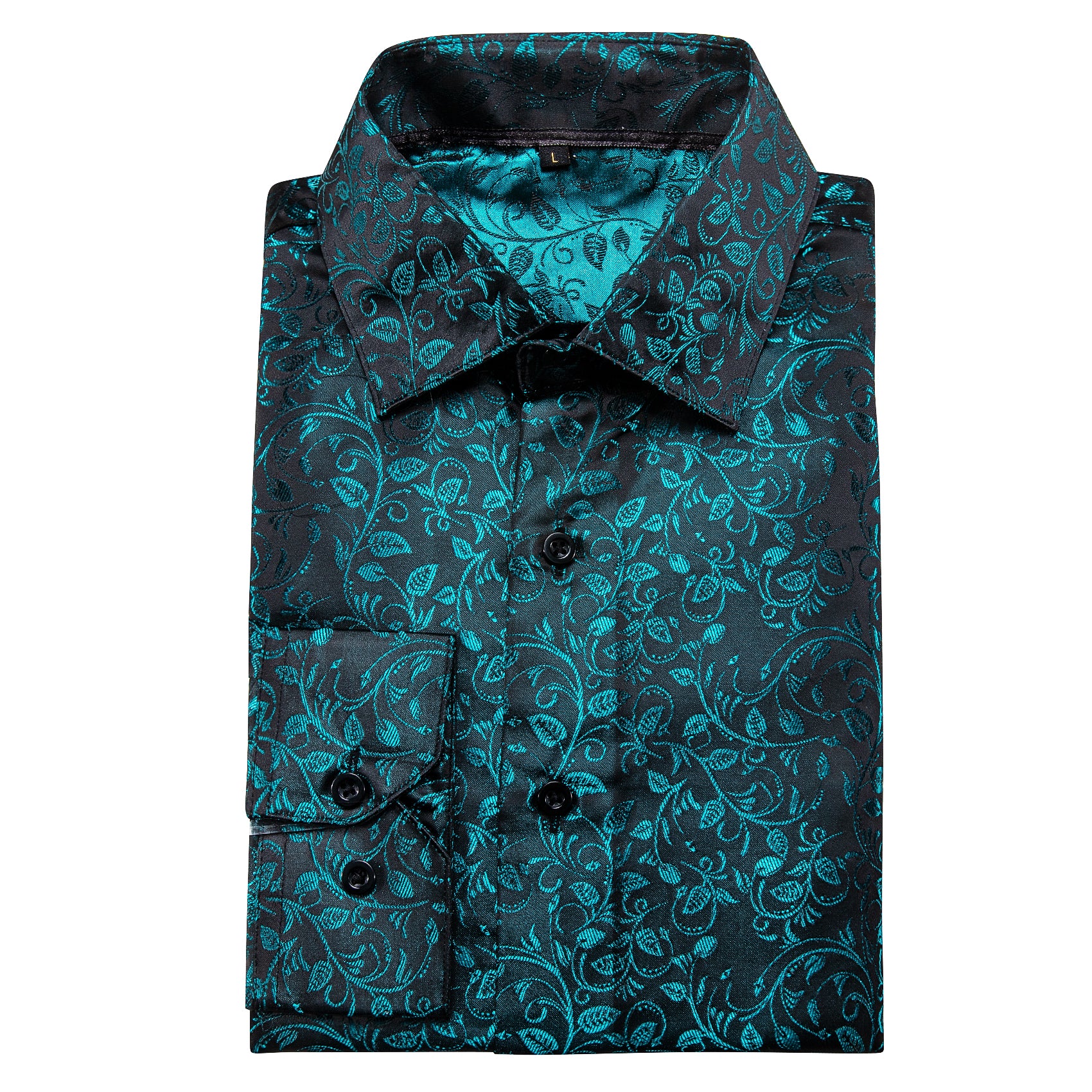 Black Lake Blue Floral Pattern Silk Men's Long Sleeve Shirt
