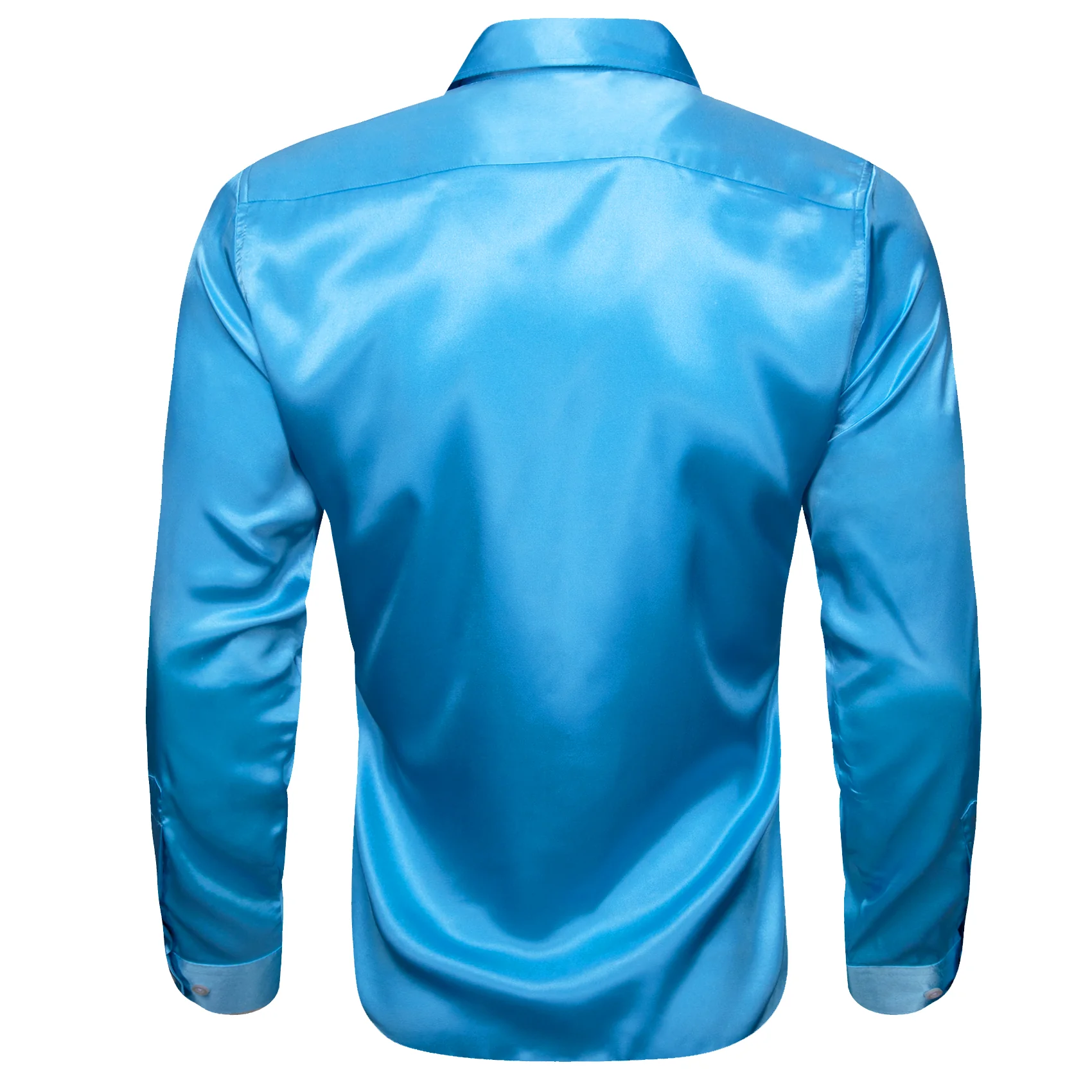 New Sky Blue Solid Satin Silk Men's Long Sleeve Shirt