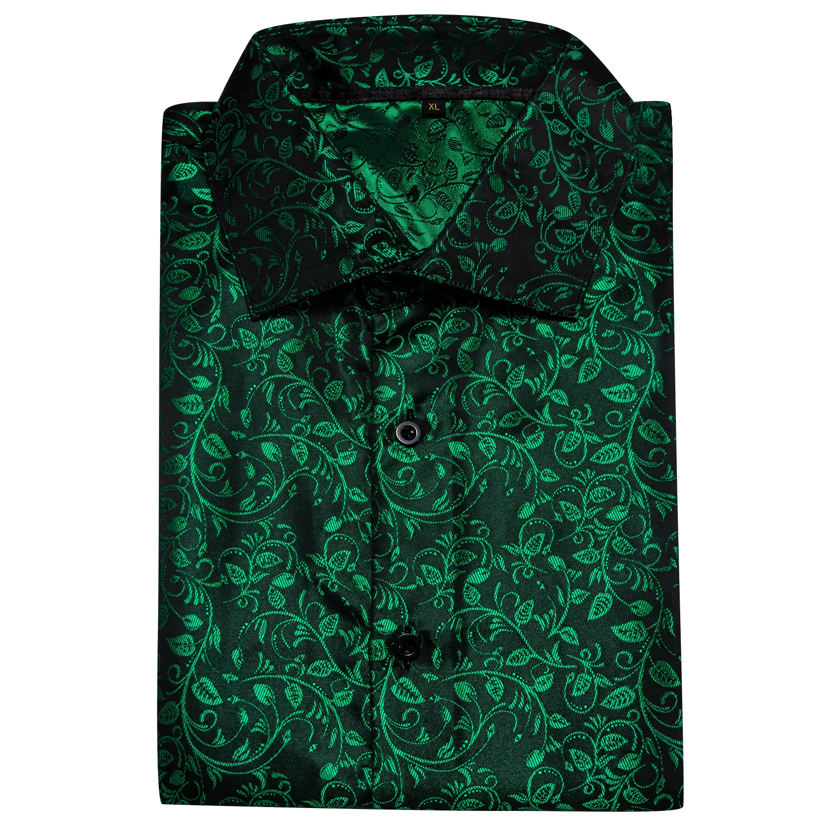 Black Green Floral Pattern Silk Men's Long Sleeve Shirt