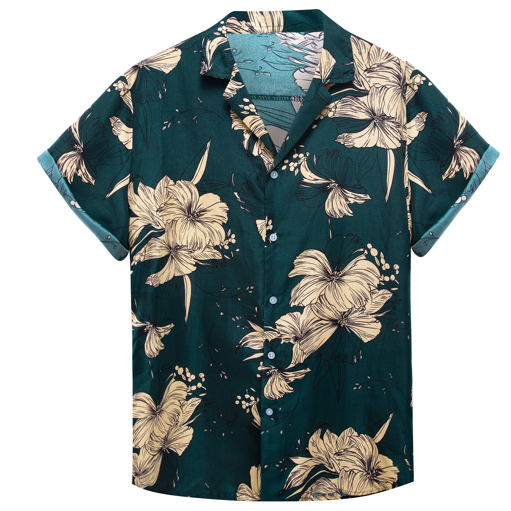 Blue Beige Floral Men's Short Sleeve Summer Shirt