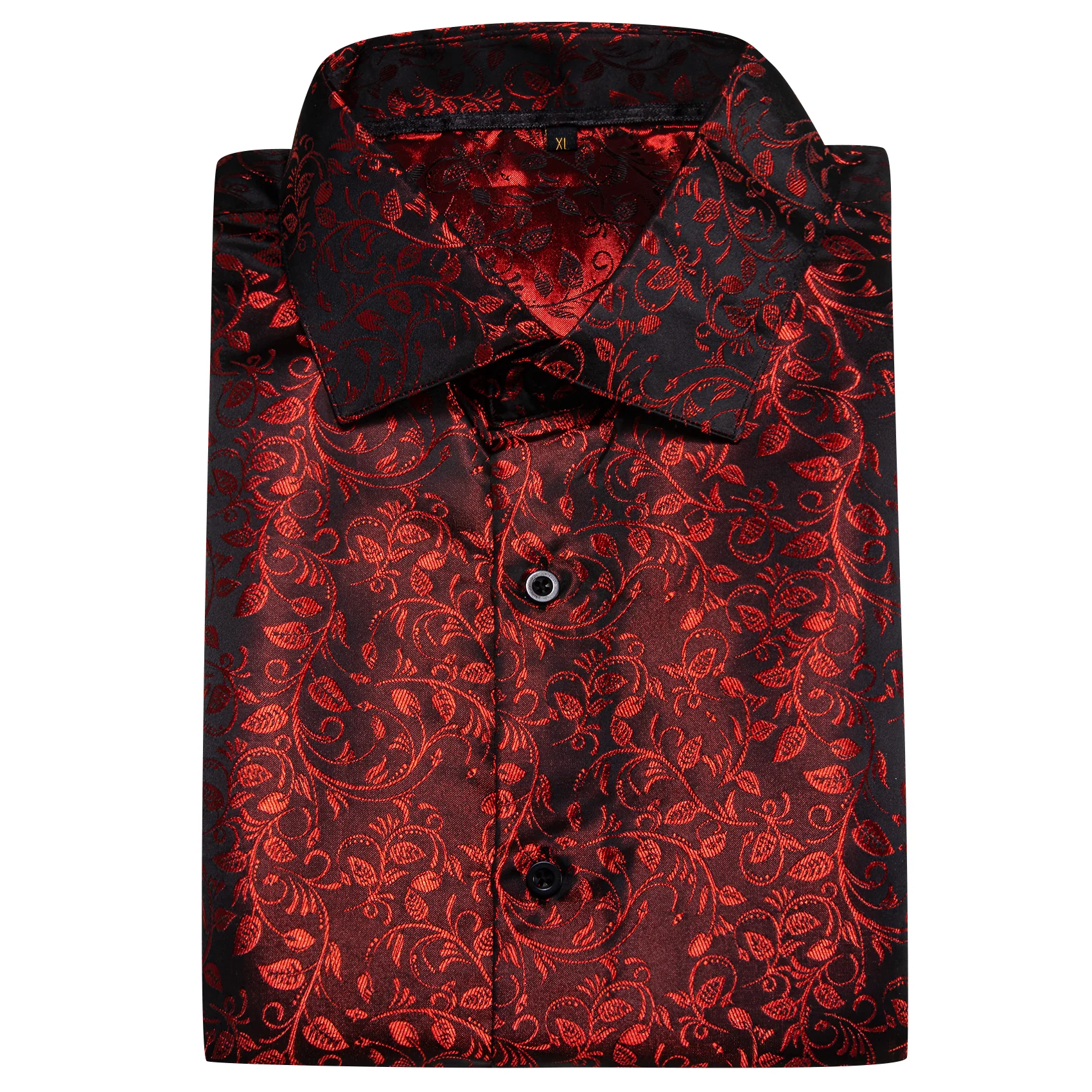 Black Red Floral Pattern Silk Men's Long Sleeve Shirt