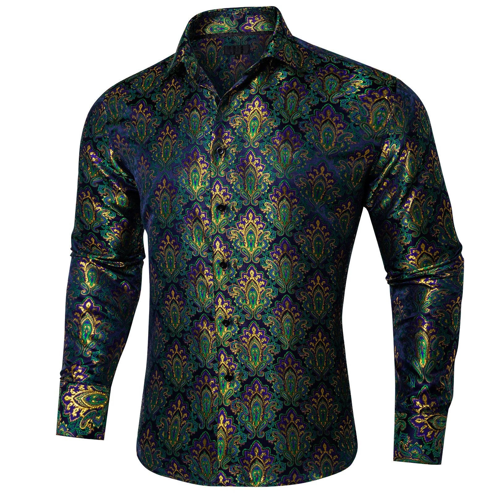 New Green Purple Paisley Silk Men's Long Sleeve Shirt