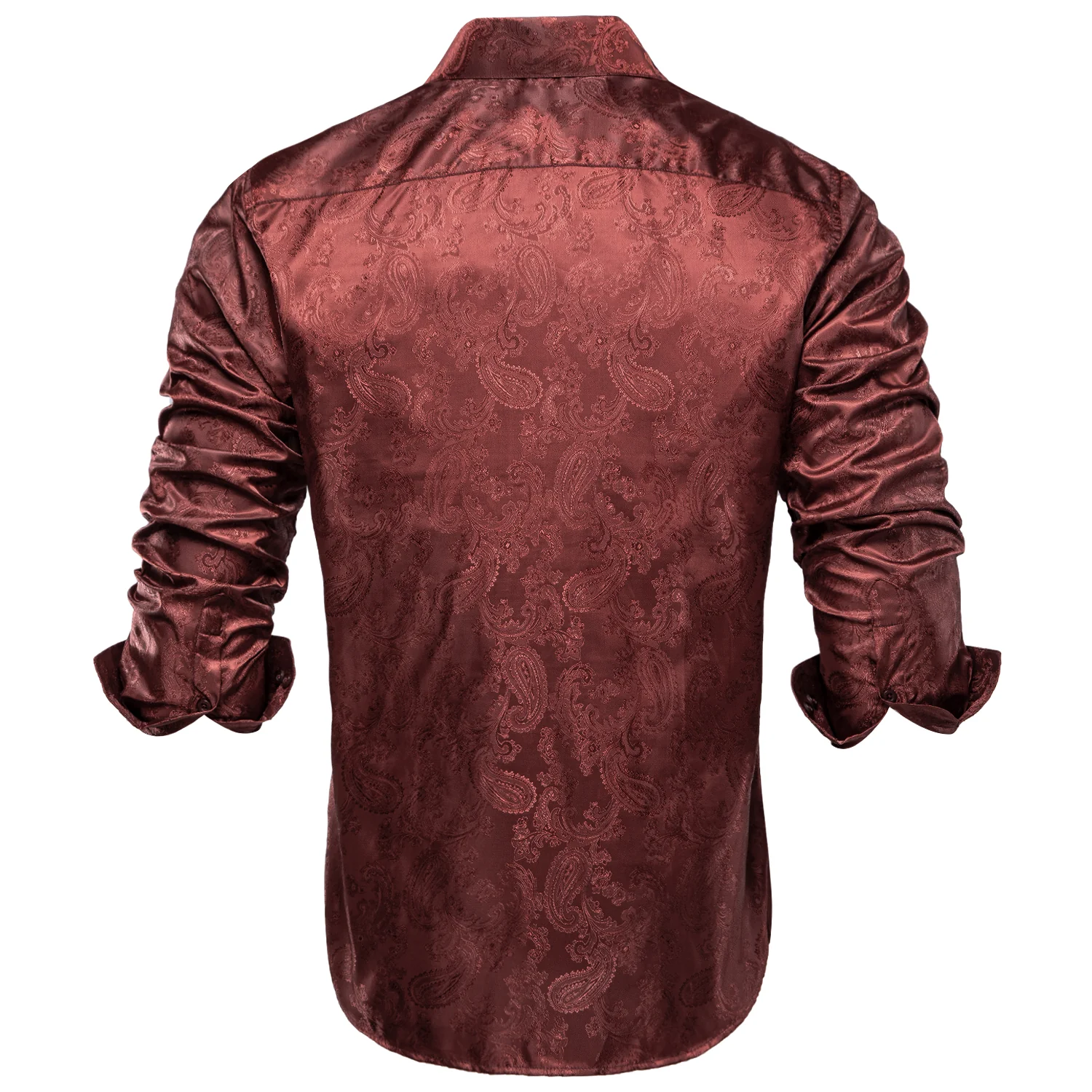 New Red Brown Paisley Silk Men's Long Sleeve Shirt