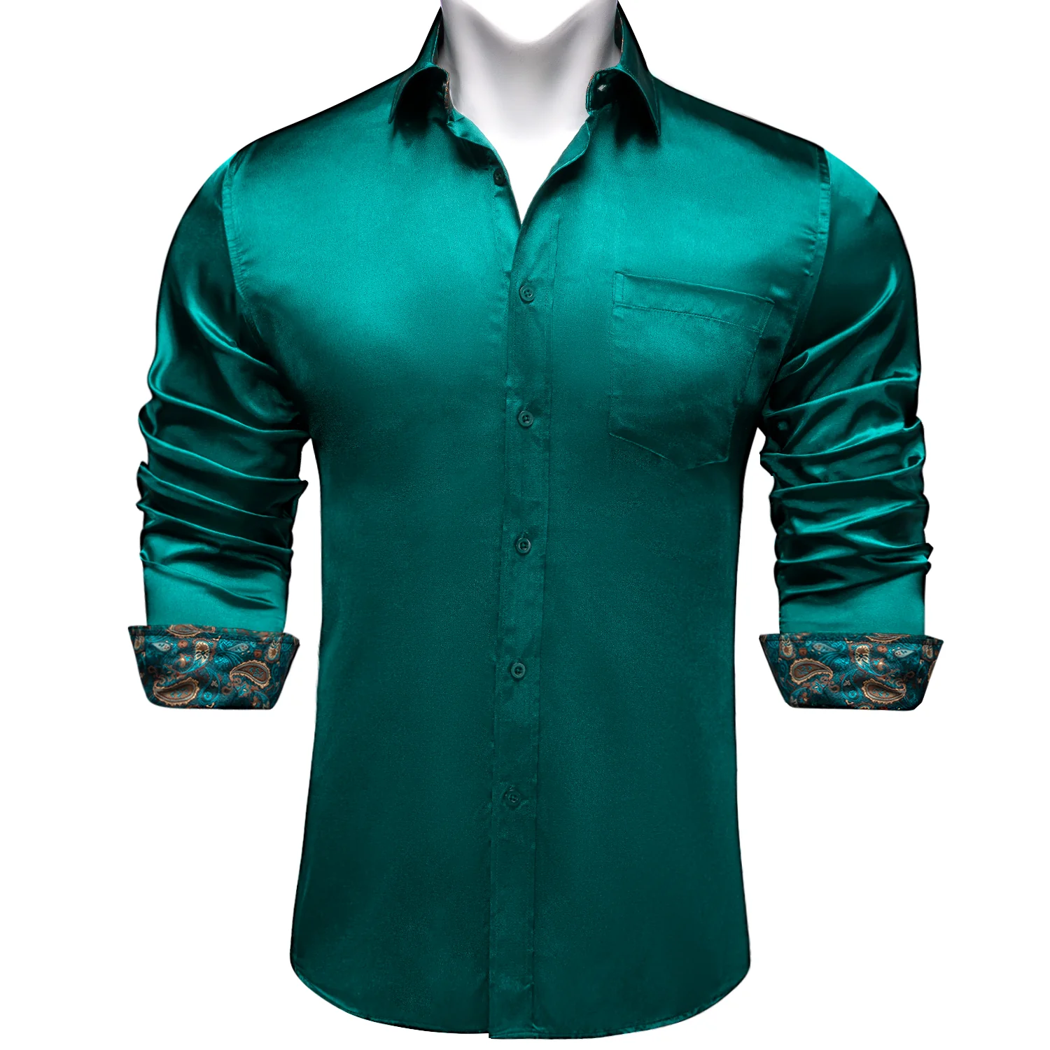 Splicing Style Green with Green Paisley Edge Men's Solid Long Sleeve Shirt
