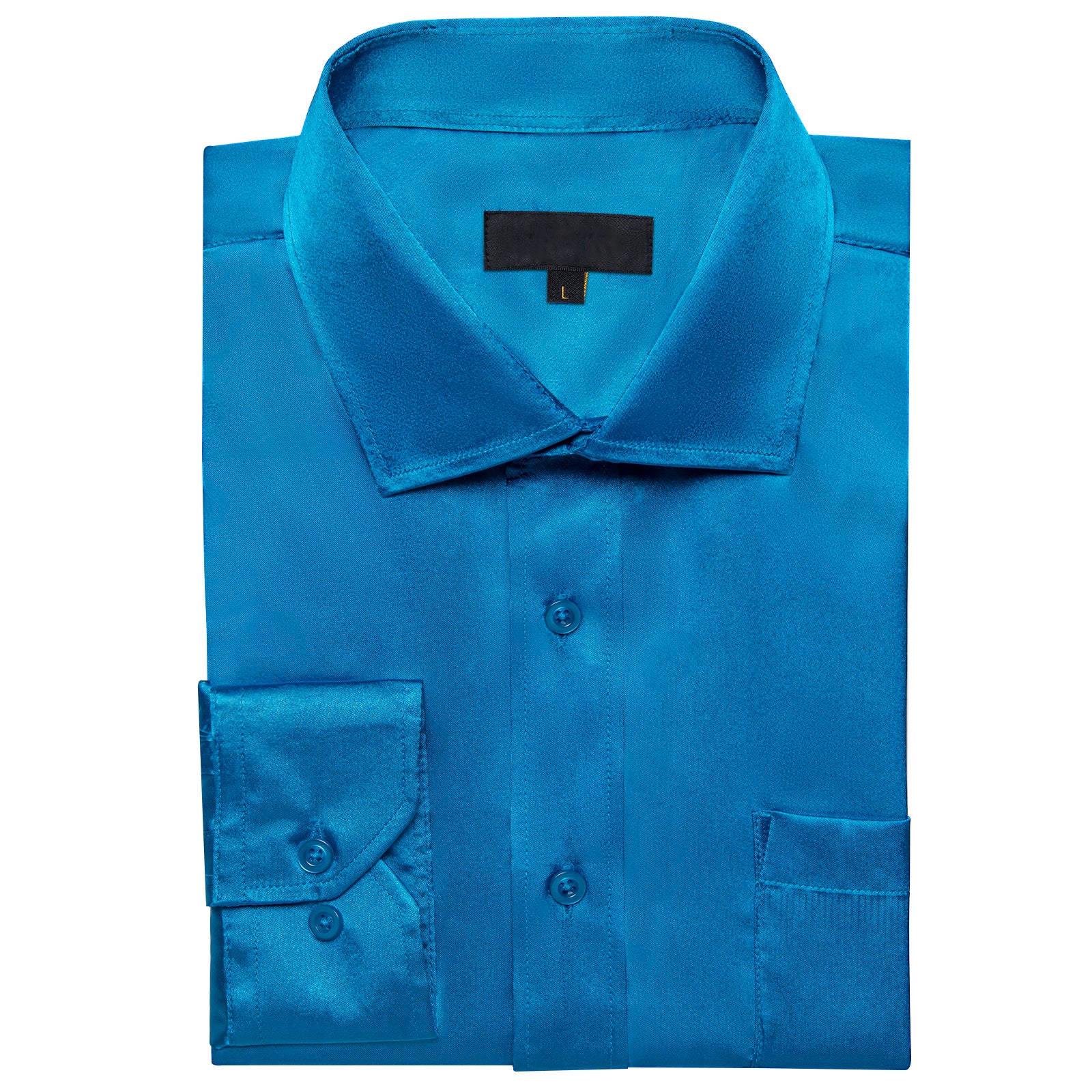 Blue Solid Satin Silk Men's Long Sleeve Business Shirt