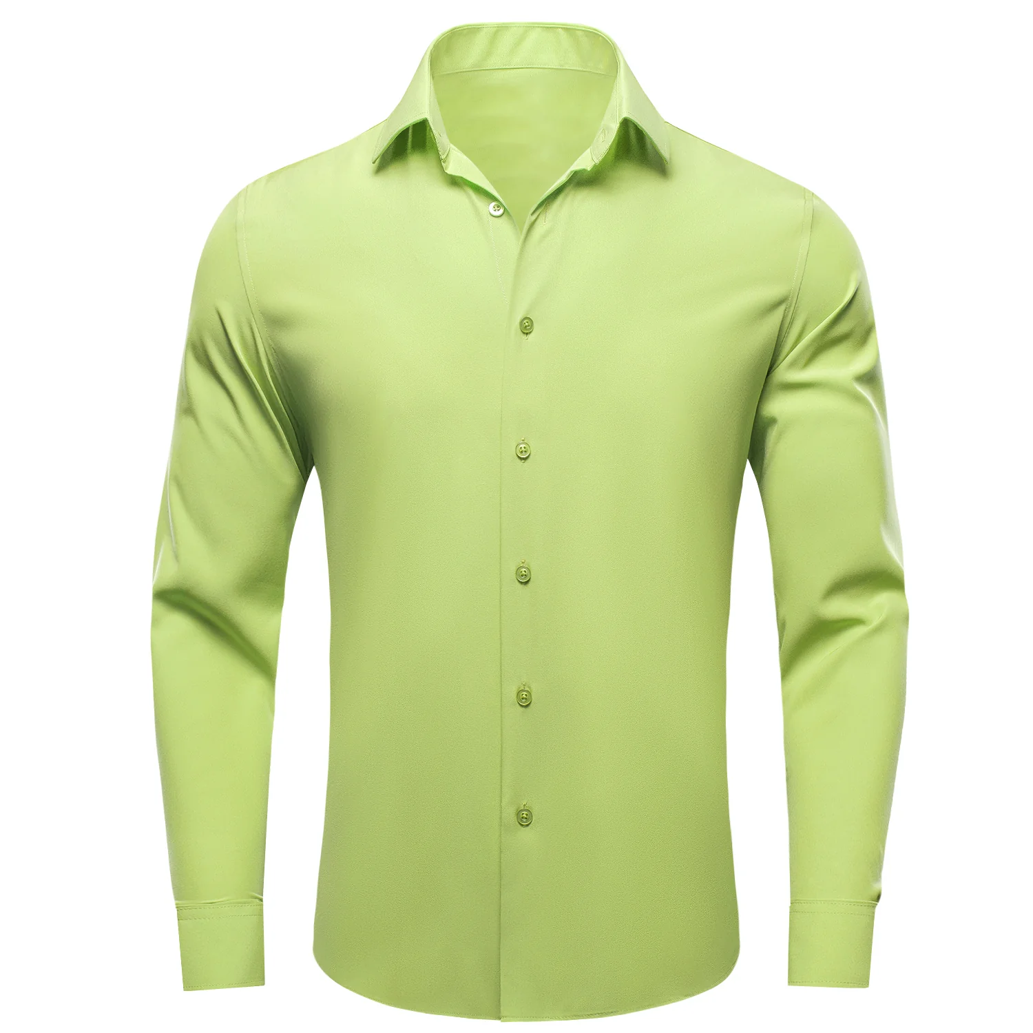 Yellow Green Solid Four-way Stretch Fabric Men's Long Sleeve Shirt