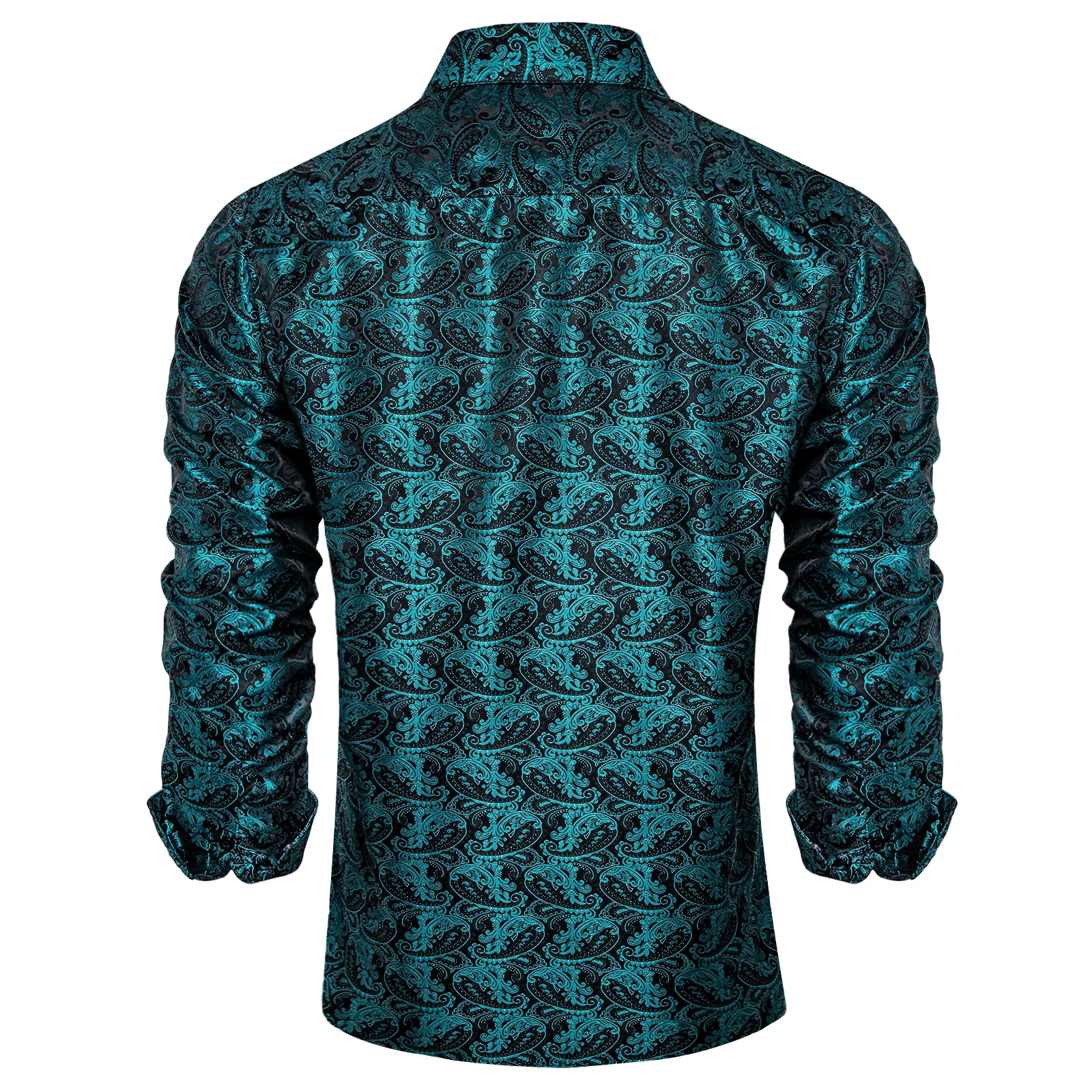 Black Teal Blue Paisley Silk Men's Long Sleeve Shirt