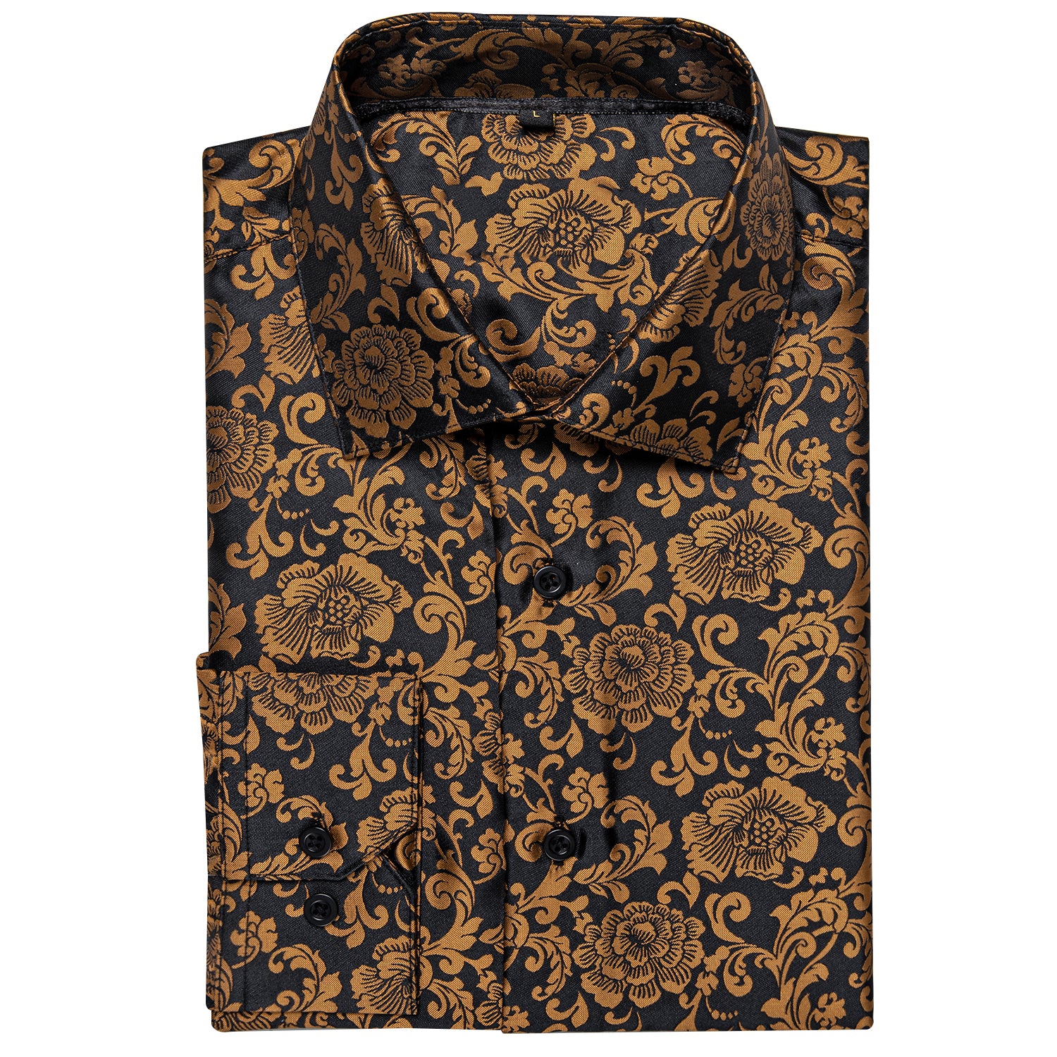 New Golden Brown Floral Silk Men's Long Sleeve Shirt