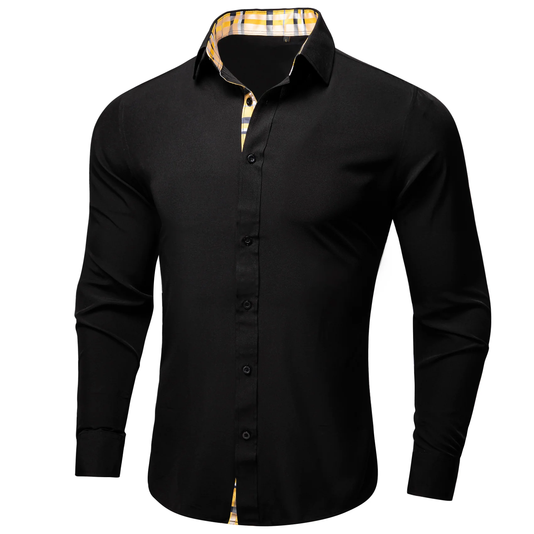 Splicing Style Black with Yellow Plaid Edge Men's Solid Long Sleeve Shirt