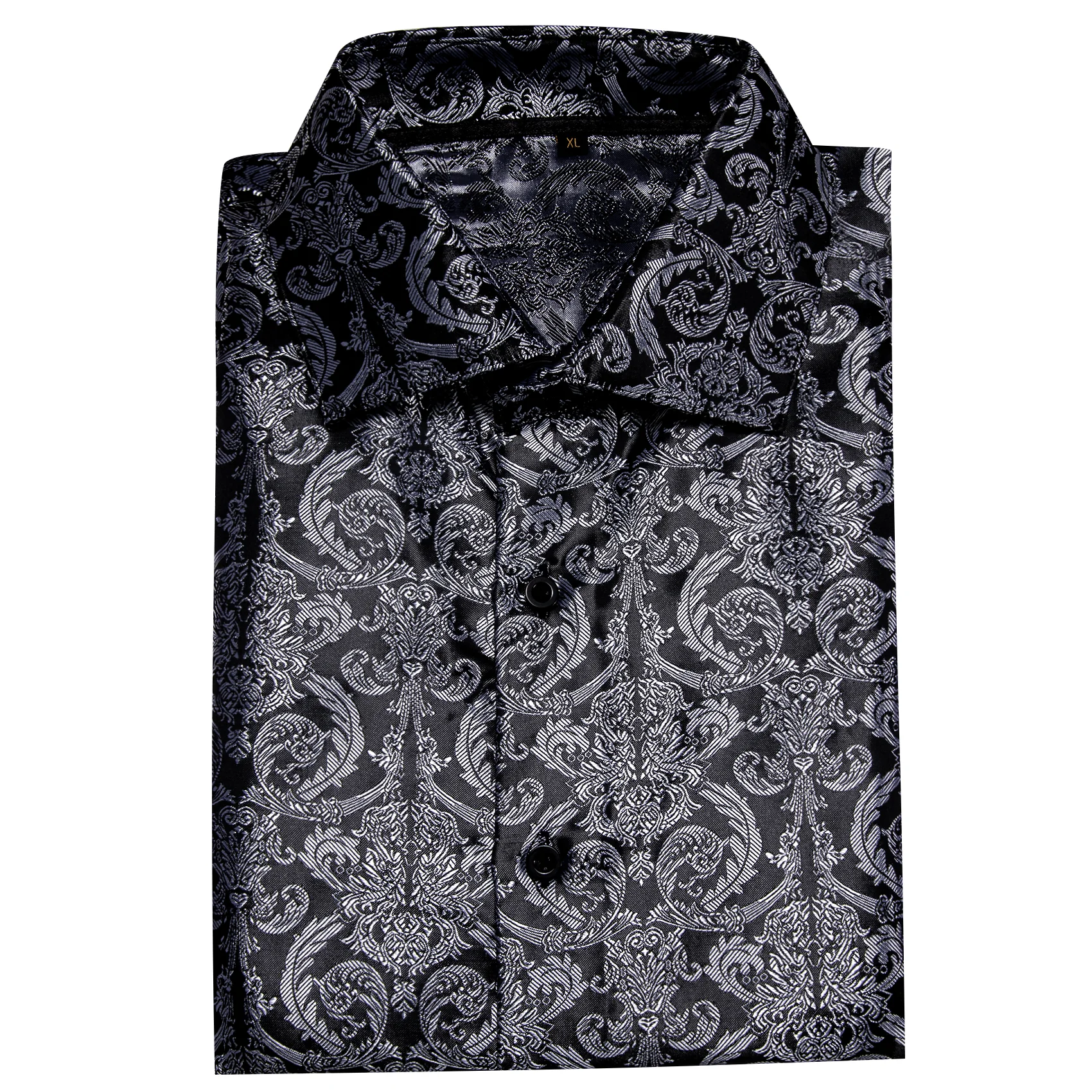 Black Grey Floral Pattern Silk Men's Long Sleeve Shirt