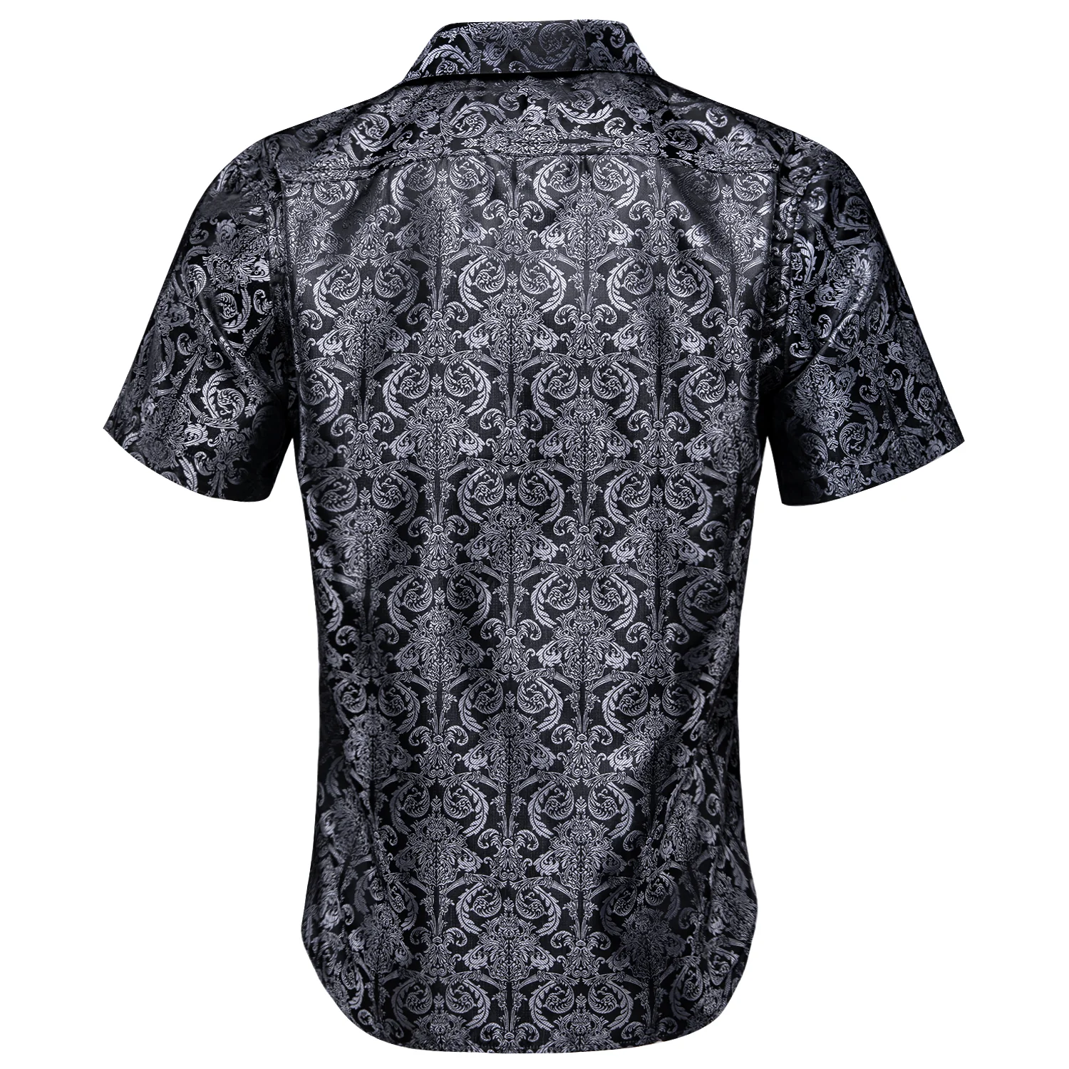 New Silver Black Floral Silk Men's Short Sleeve Shirt