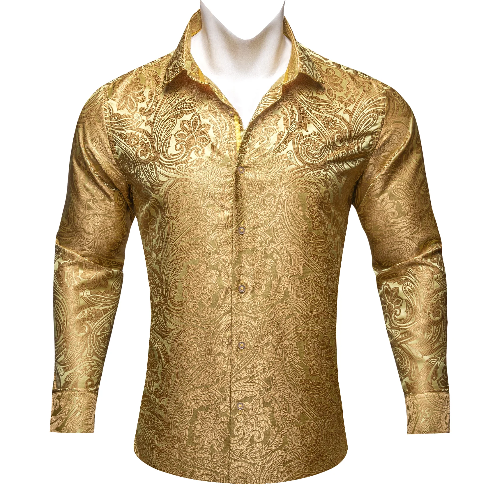 Granola Yellow Paisley Flower Pattern Silk Men's Long Sleeve Shirt